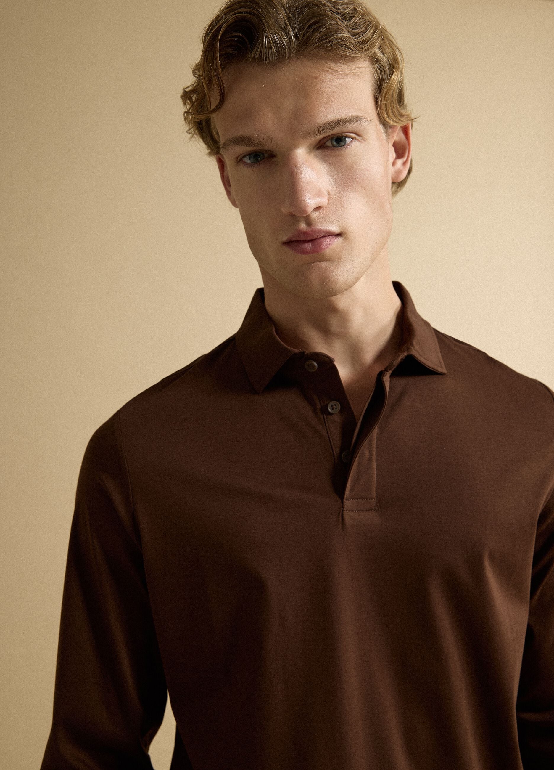 Brown long-sleeved pure cotton polo
