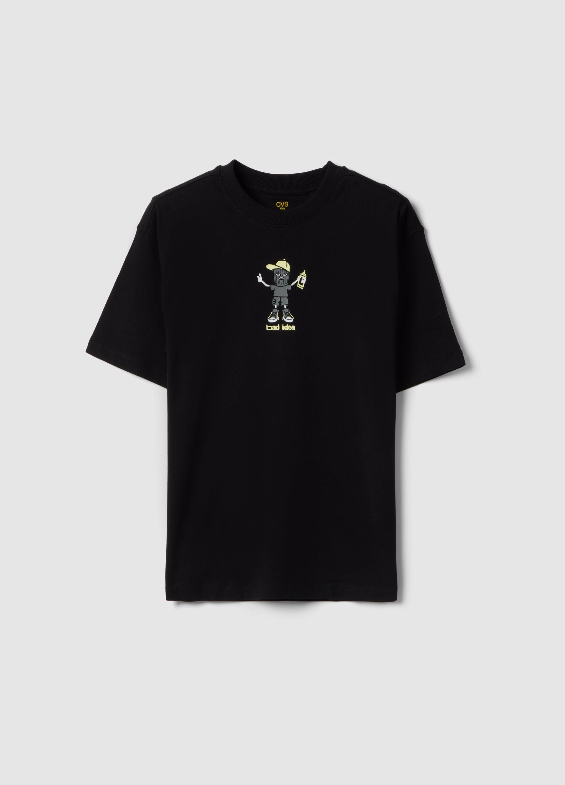 Black pure cotton oversize fit boys' t-shirt with print
