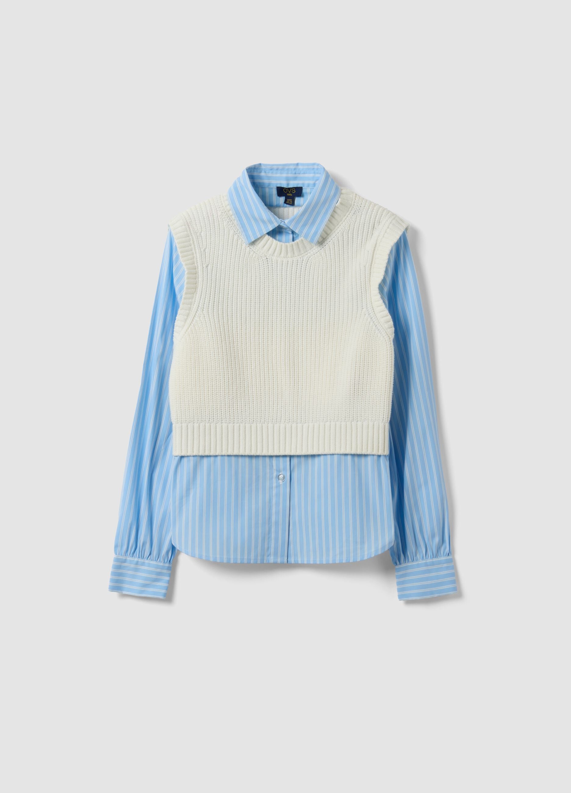 Pure cotton light blue shirt with knitted vest-effect front for girls