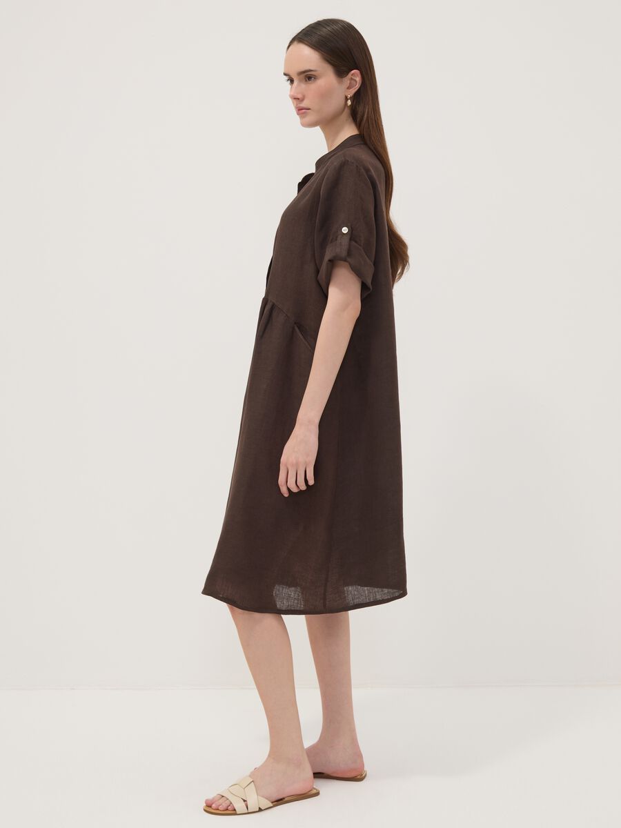 Brown pure linen dress with Mandarin collar, regular fit_1