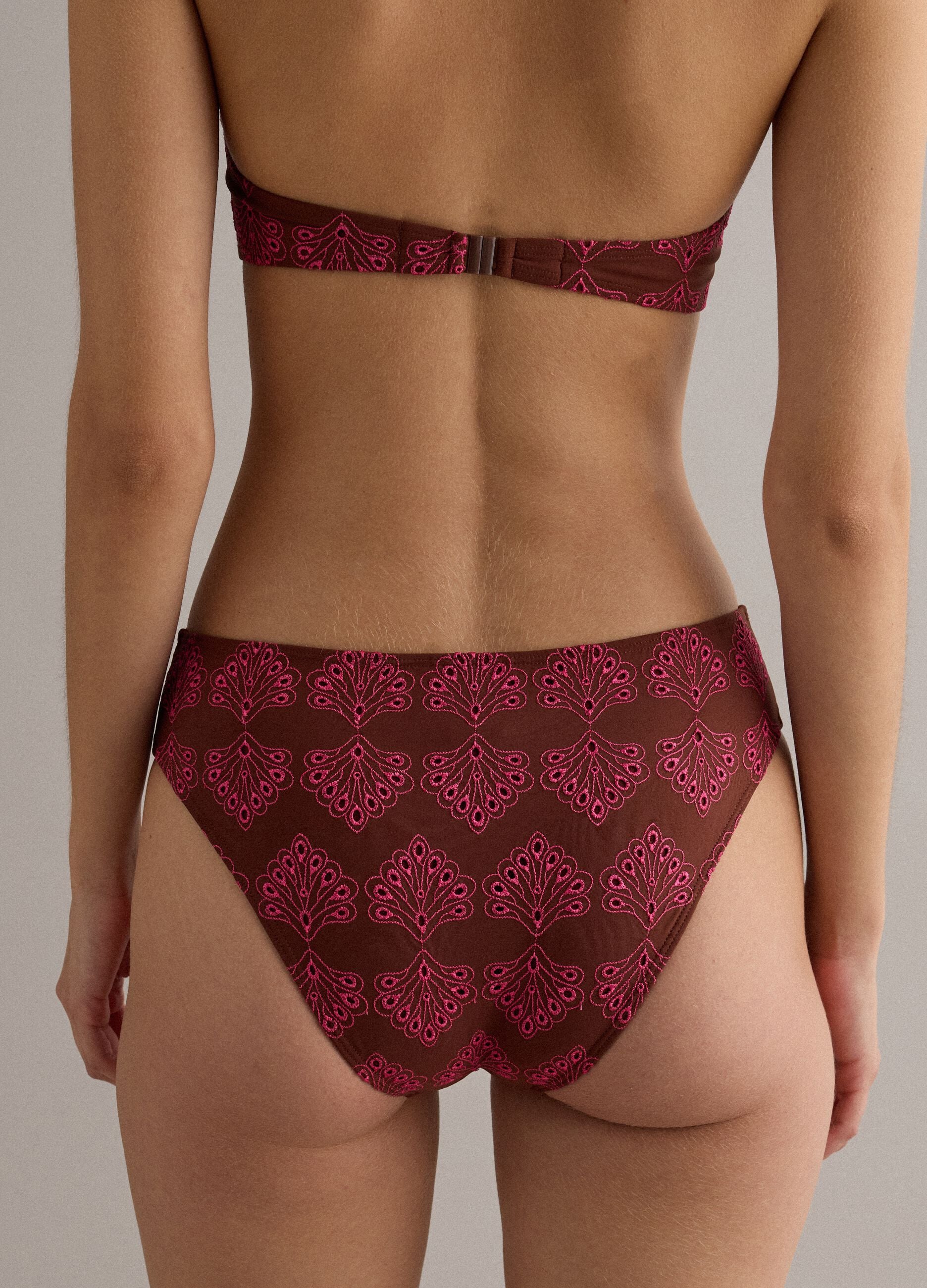 Brown embroidered stretch bikini bottoms