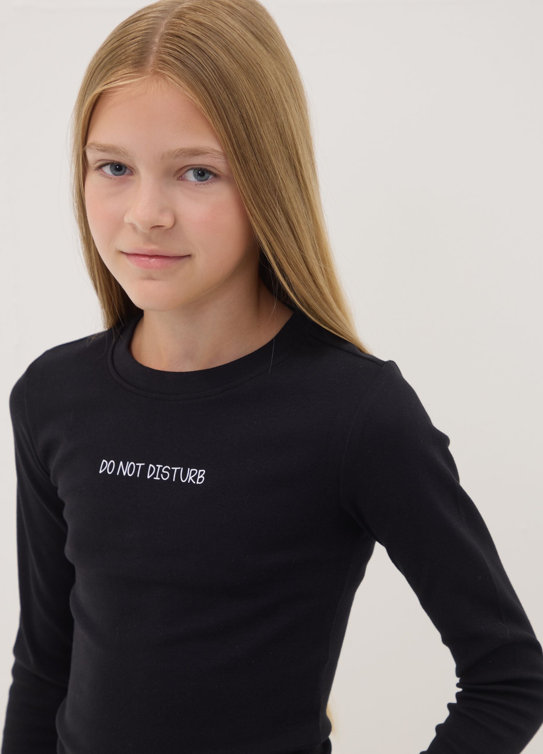 Black organic stretch-cotton T-shirt with ribbed neckline
