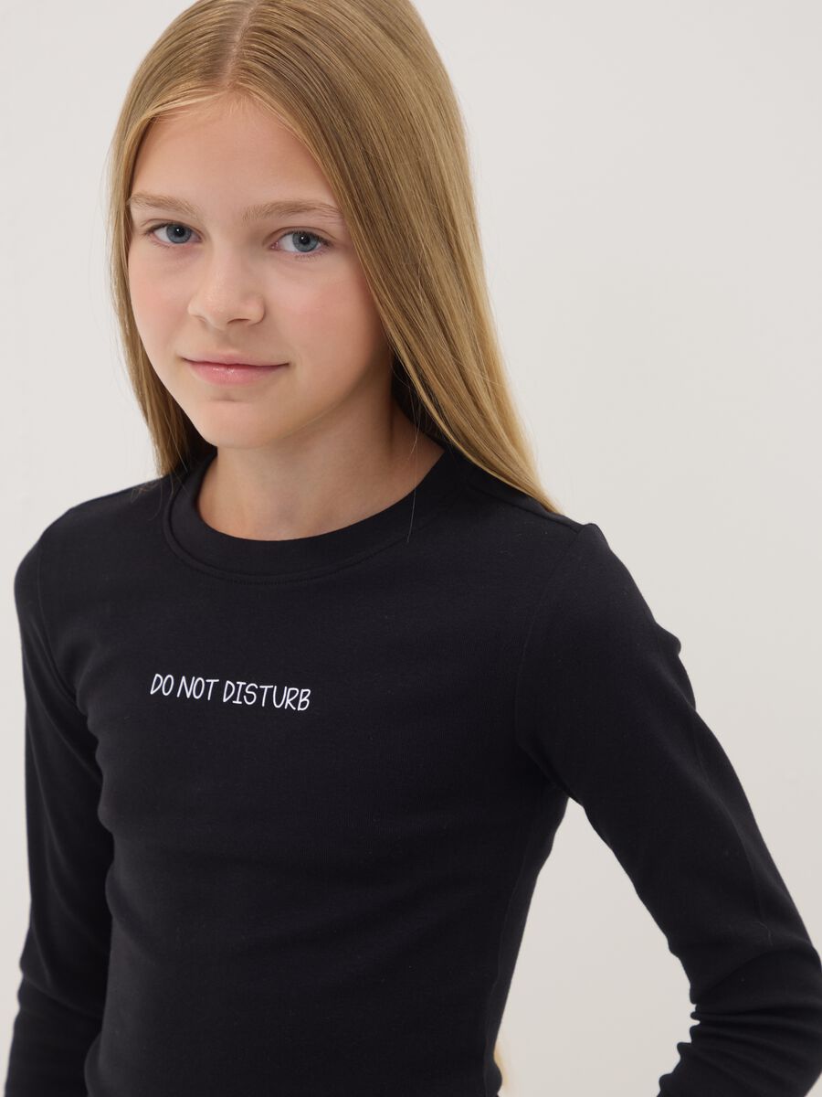 Black organic stretch-cotton T-shirt with ribbed neckline_0