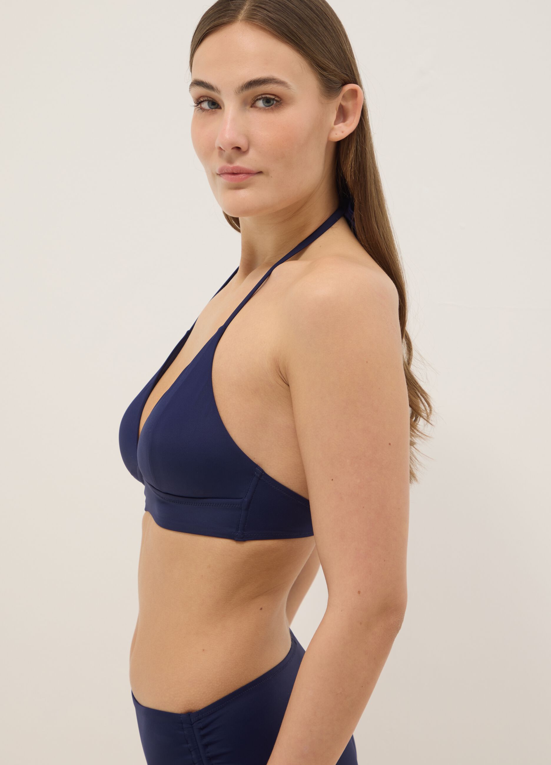 Blue stretch bikini top with adjustable ties
