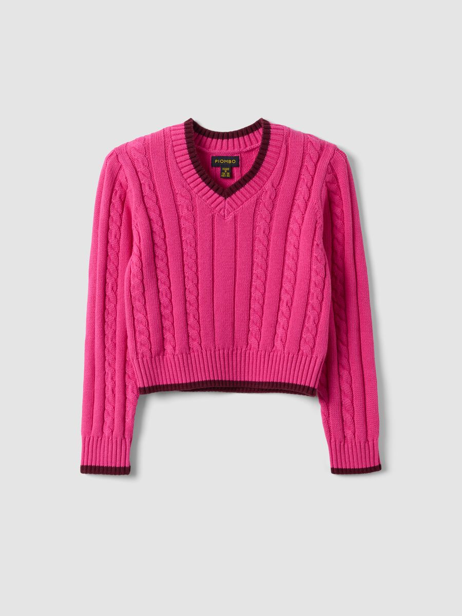 Pink pure cotton cable-knit V-neck jumper for girls_0