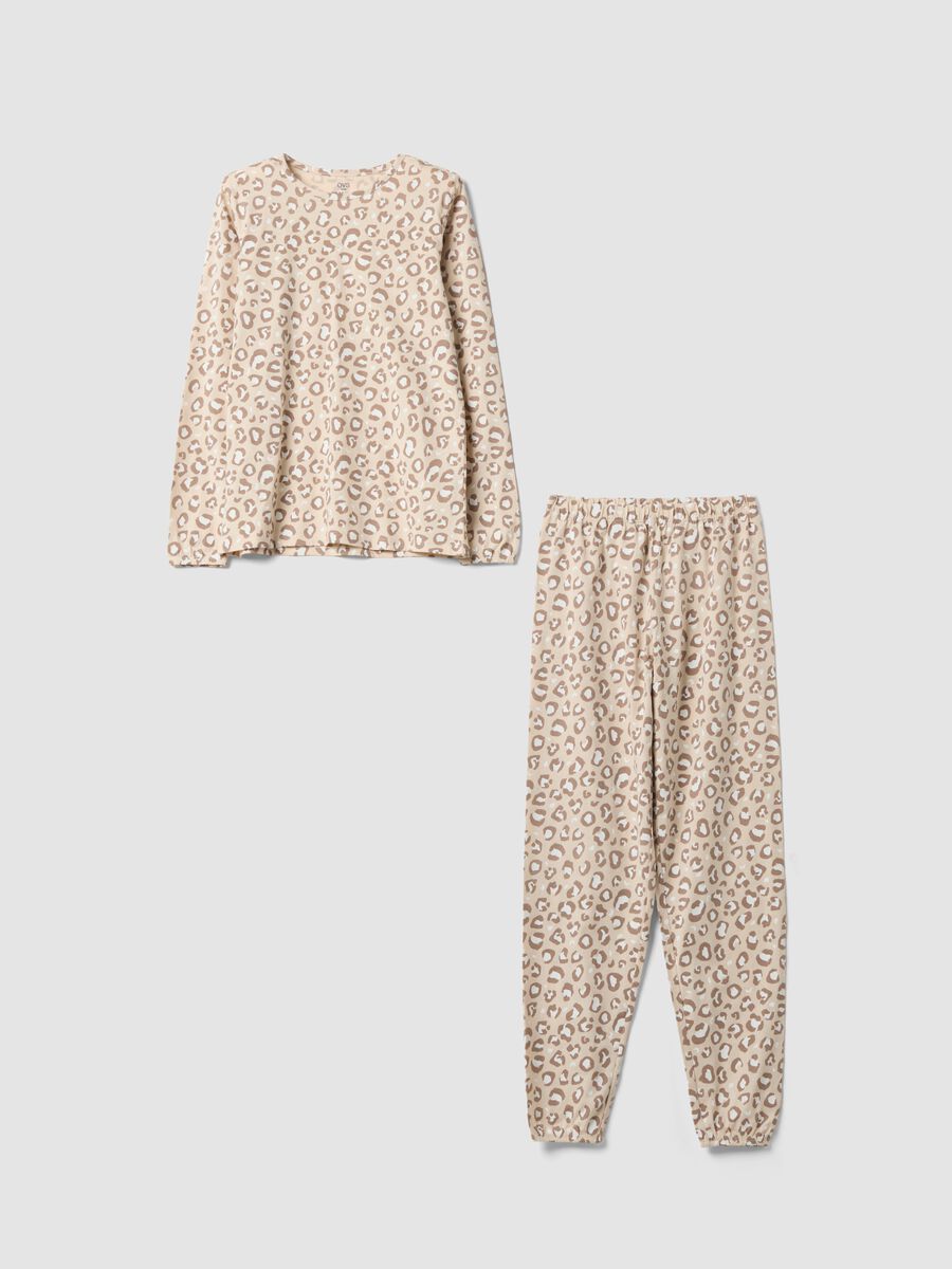 Beige organic cotton pyjamas with animal print for girls_0