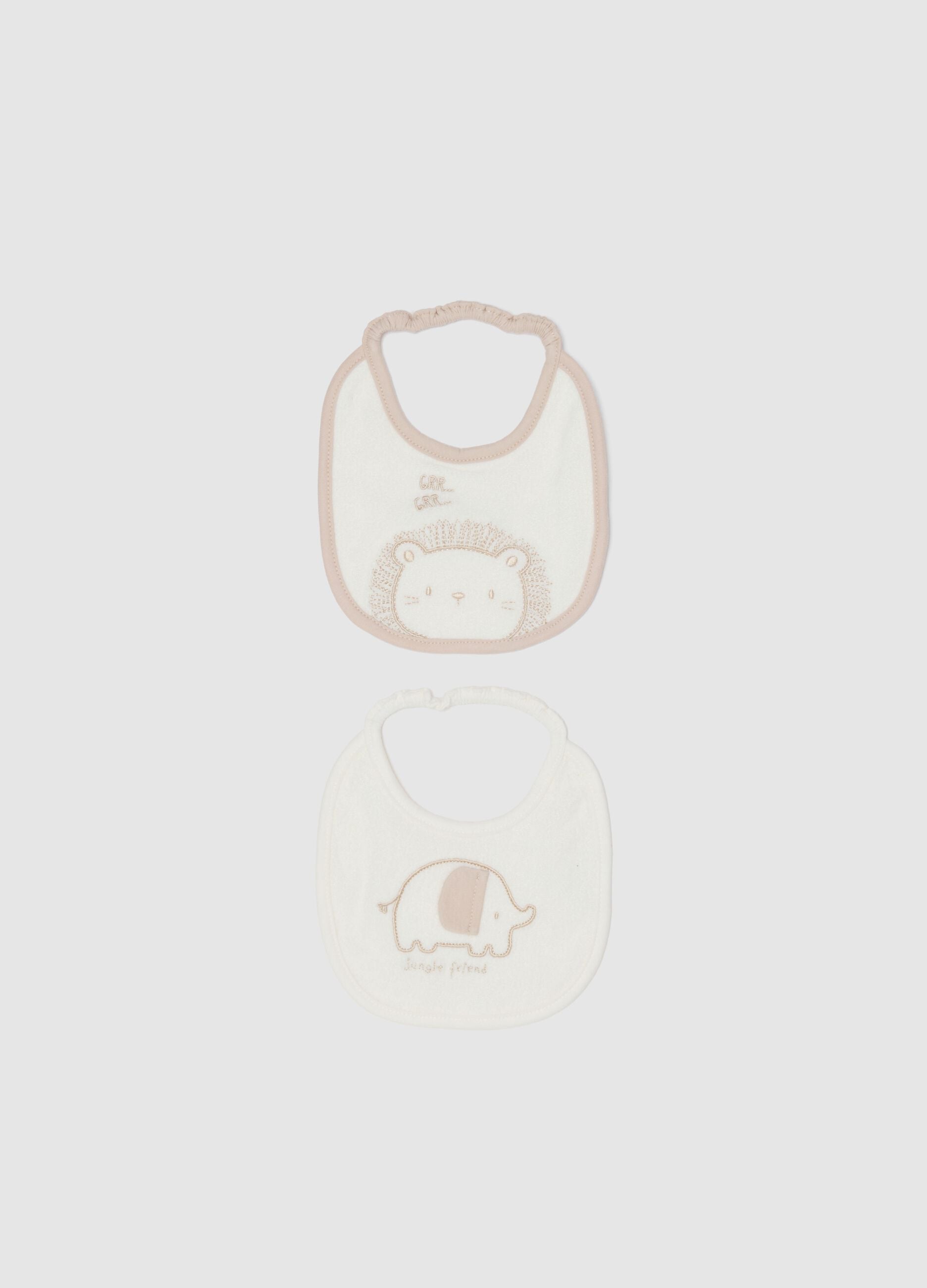 Twin pack of multicolour pure cotton bibs for newborns with embroidery