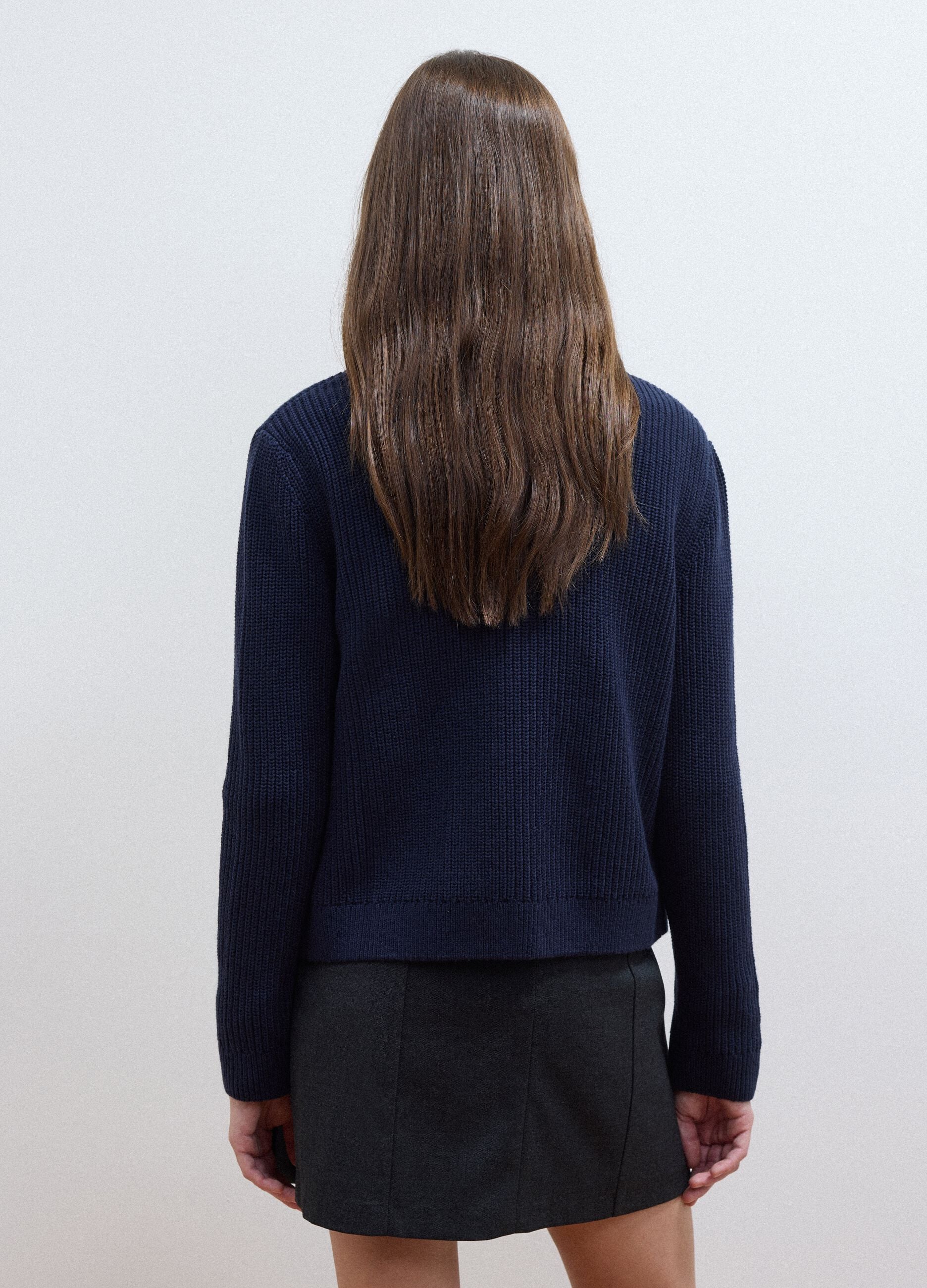 Blue pure cotton crew-neck knit cardigan