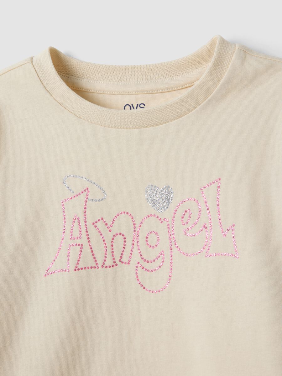 Beige pure organic cotton T-shirt with front print for girls_2