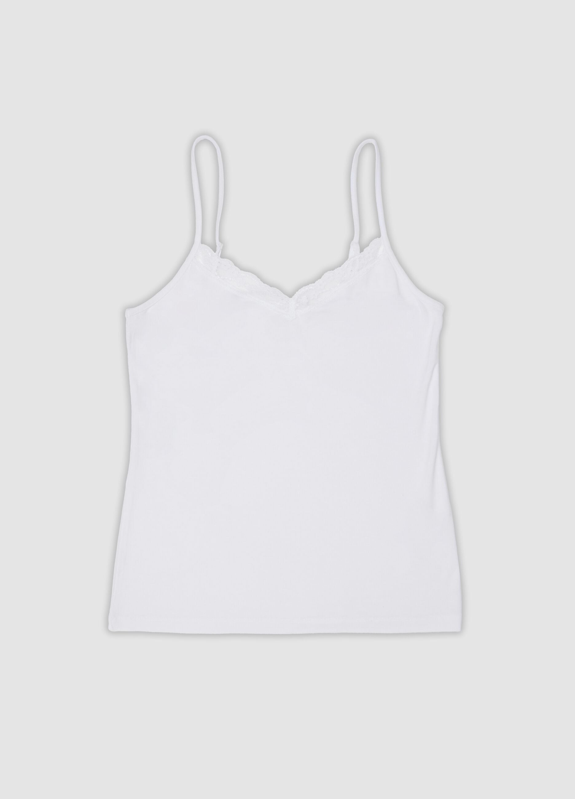 White stretch viscose camisole with deep V-neck lace trim
