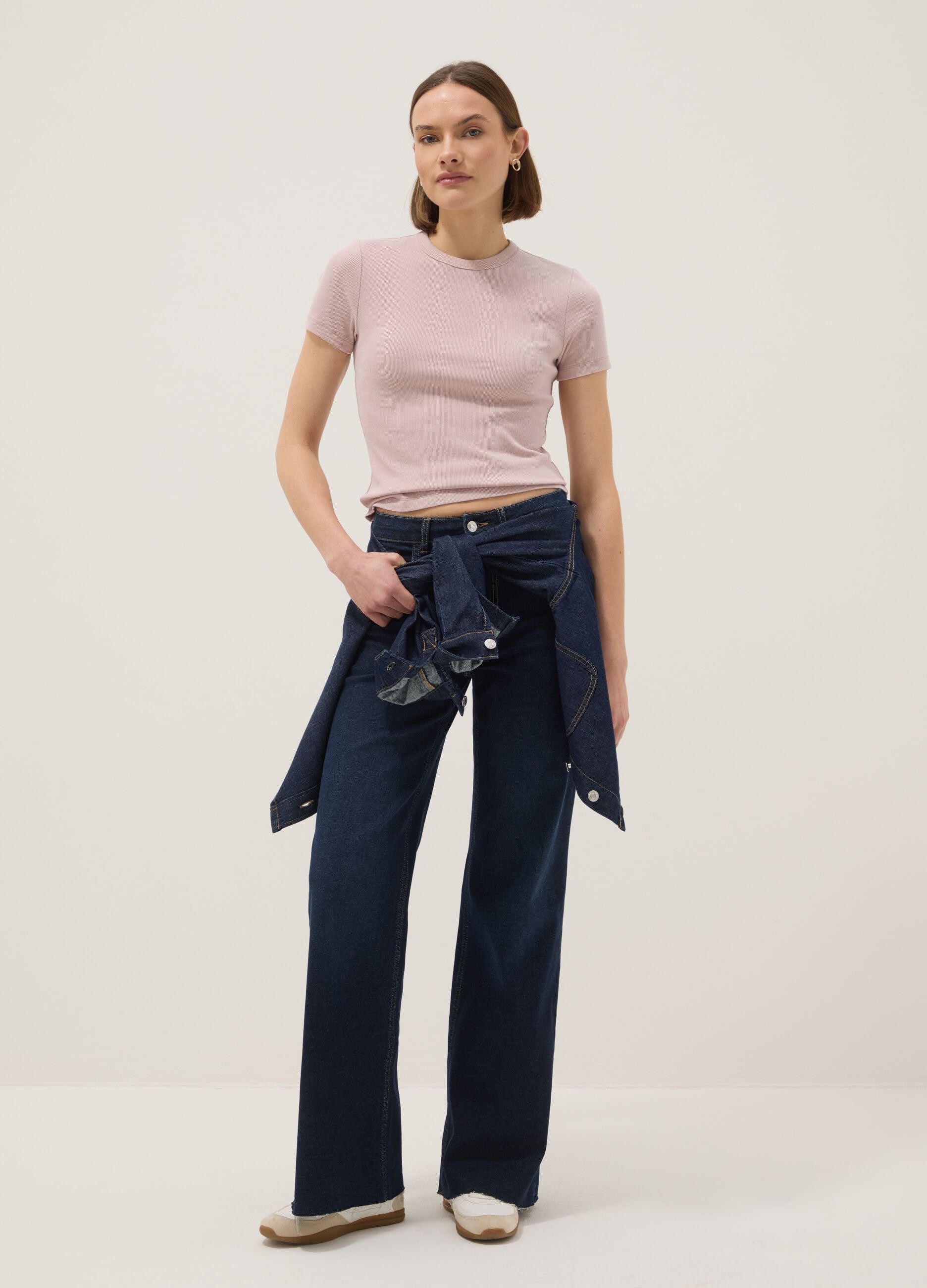 Slim fit pink crew neck cotton stretch T-shirt