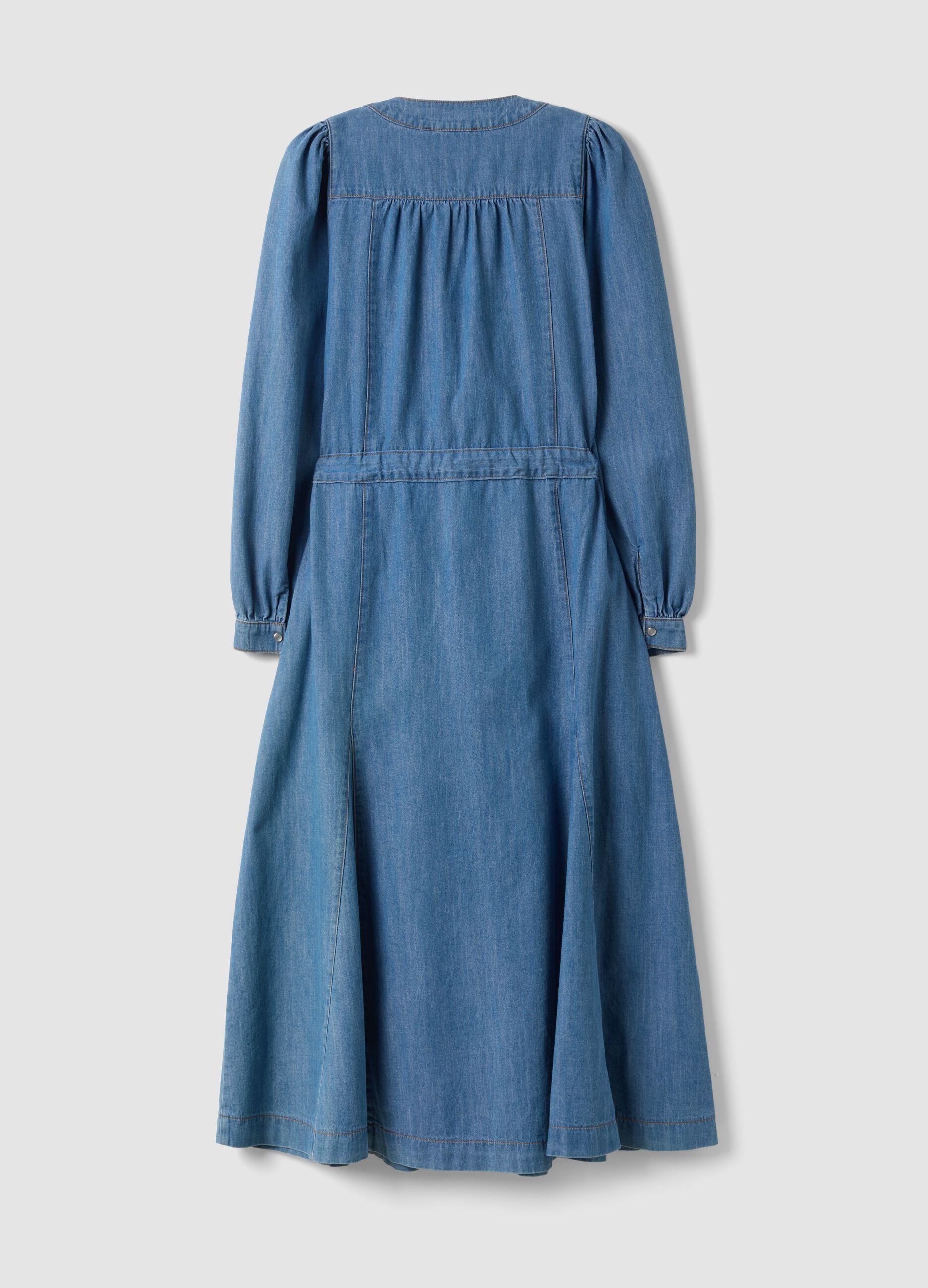 Blue pure cotton denim dress with deep V-neck regular fit