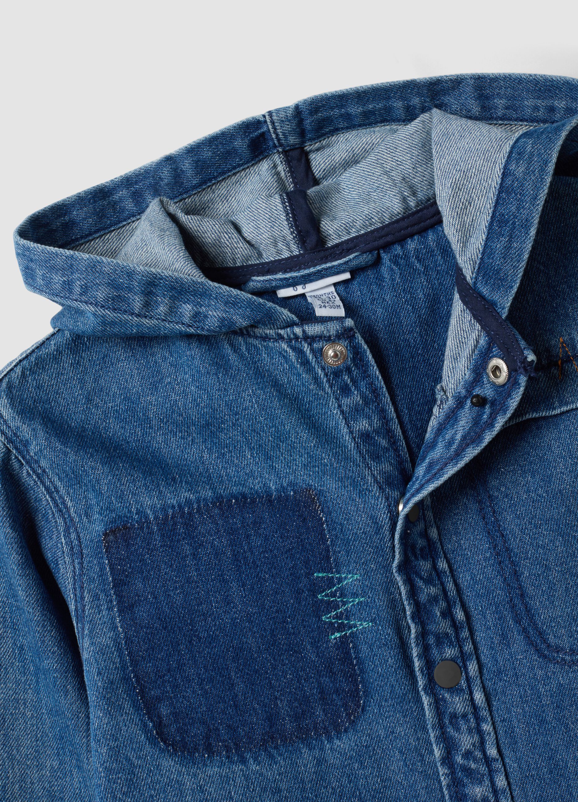 Blue denim shacket with hood in cotton and viscose blend for boys