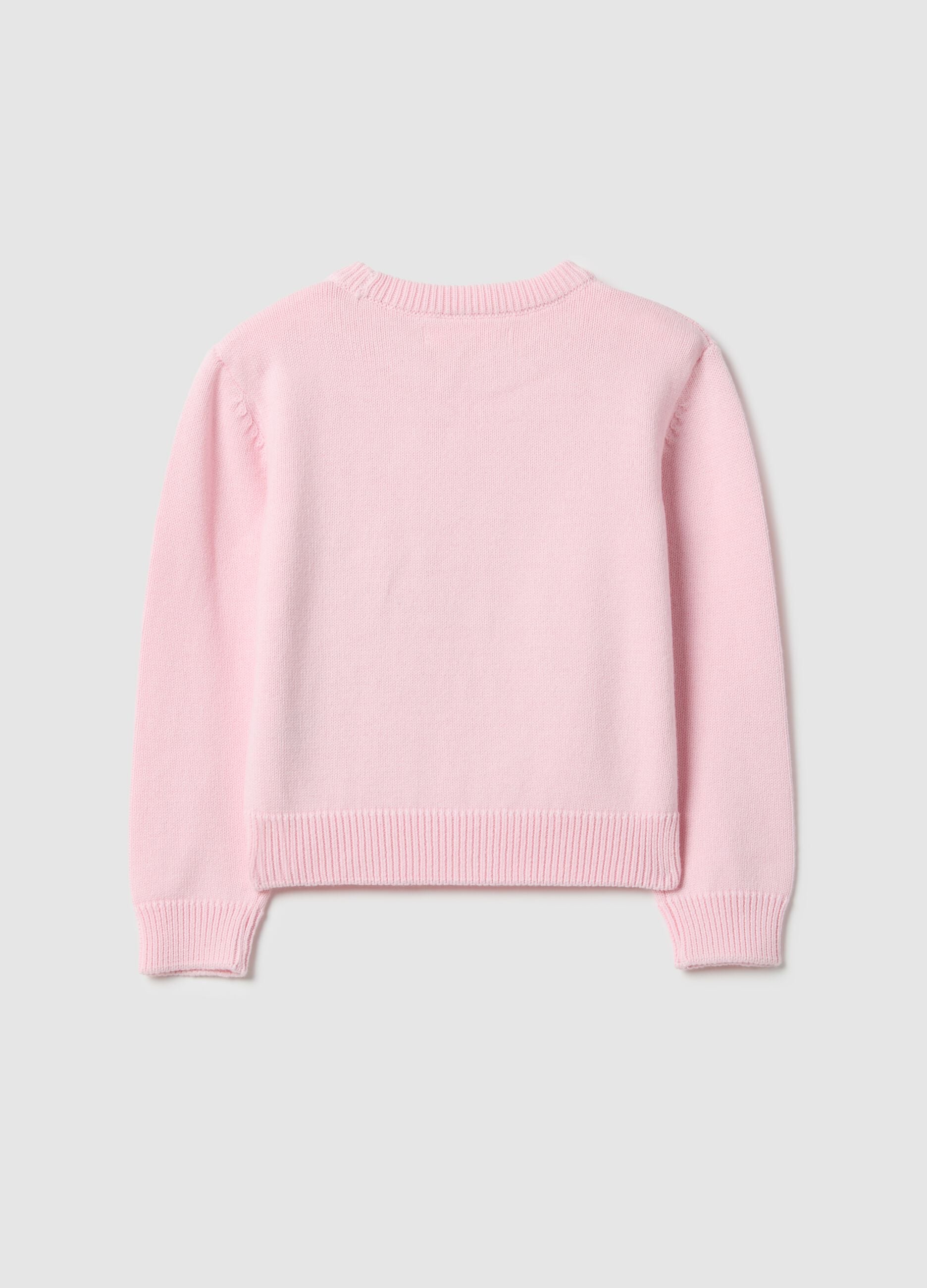 Girls' pink pure cotton sweater with hearts and stars, regular fit