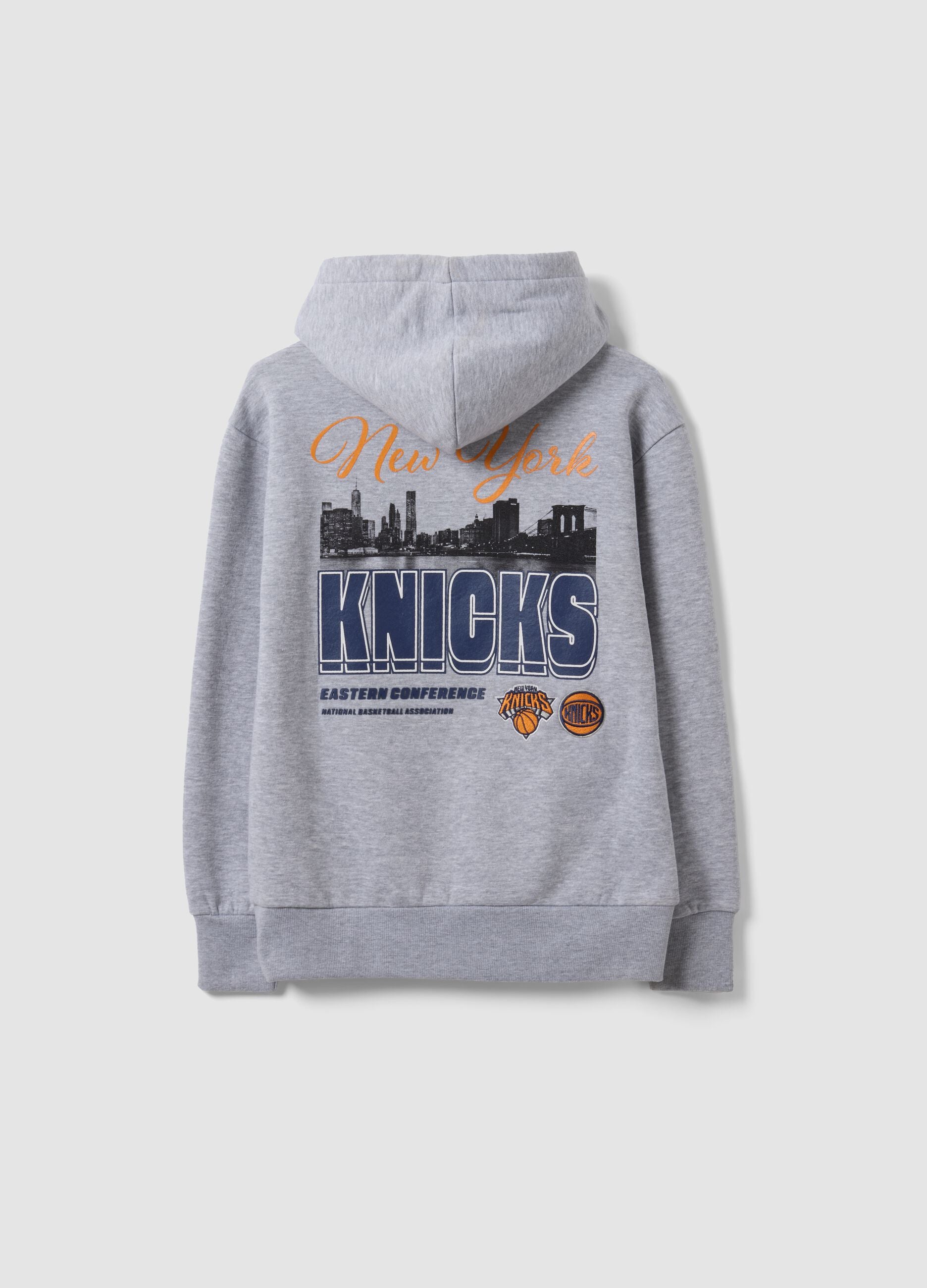 Grey cotton-blend hoodie with New York Knicks print