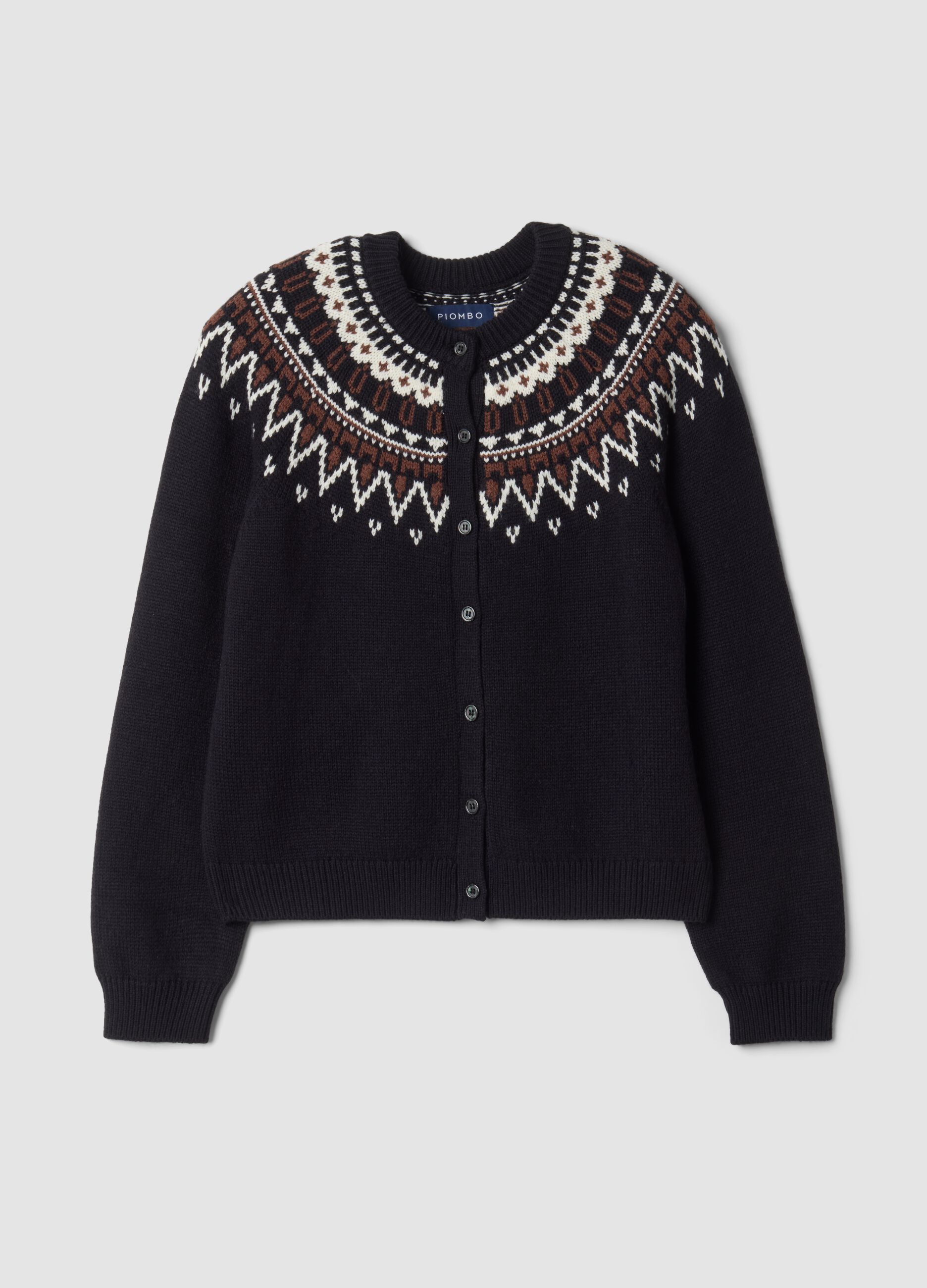 Blue jacquard wool-blend crew-neck cardigan
