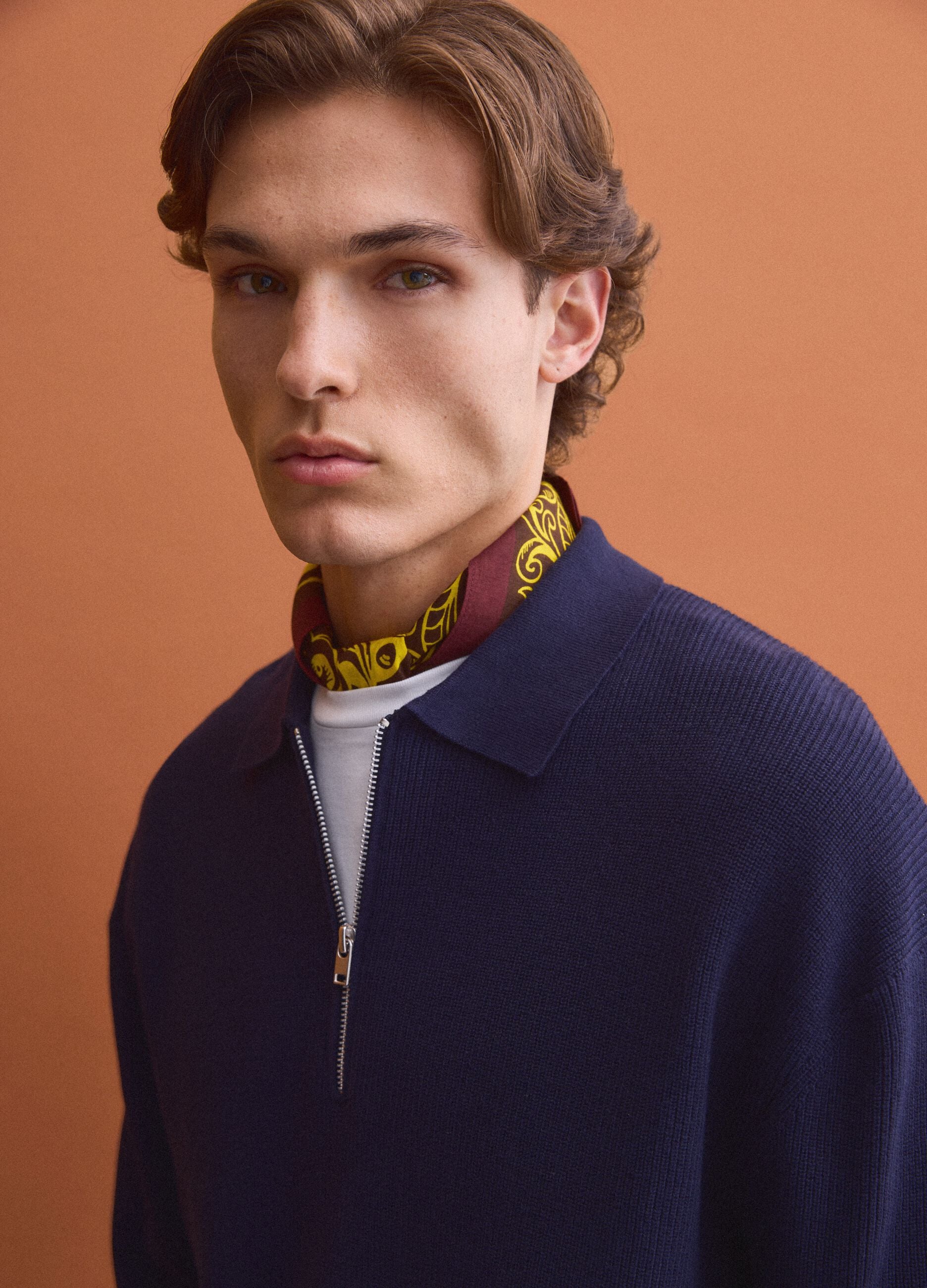 Blue pure cotton polo with zip and classic collar