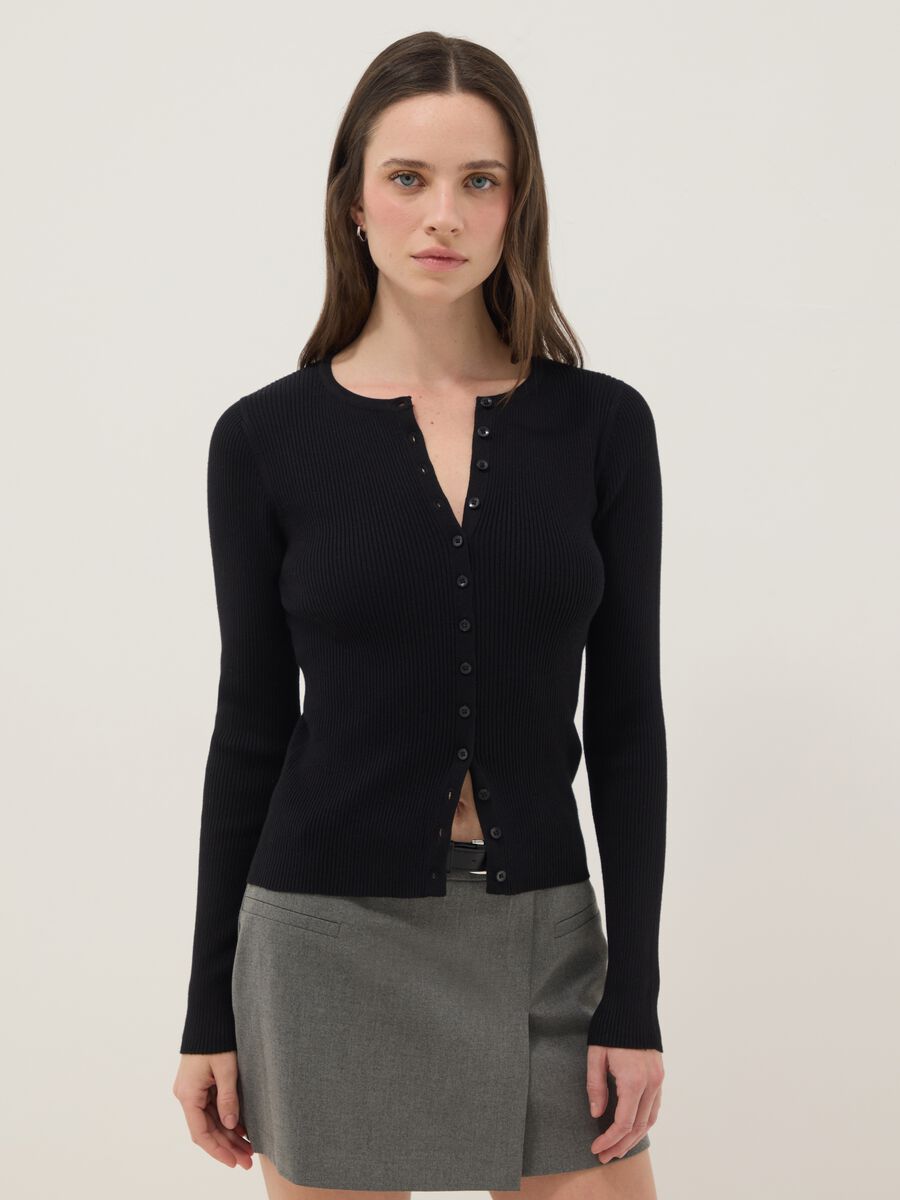 Black viscose blend cardigan with fitted silhouette_0