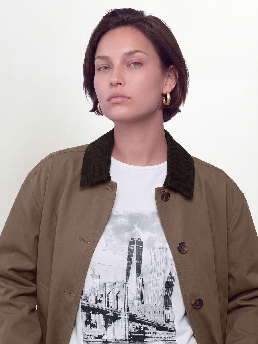 Brown pure cotton jacket with contrast collar, regular fit_0