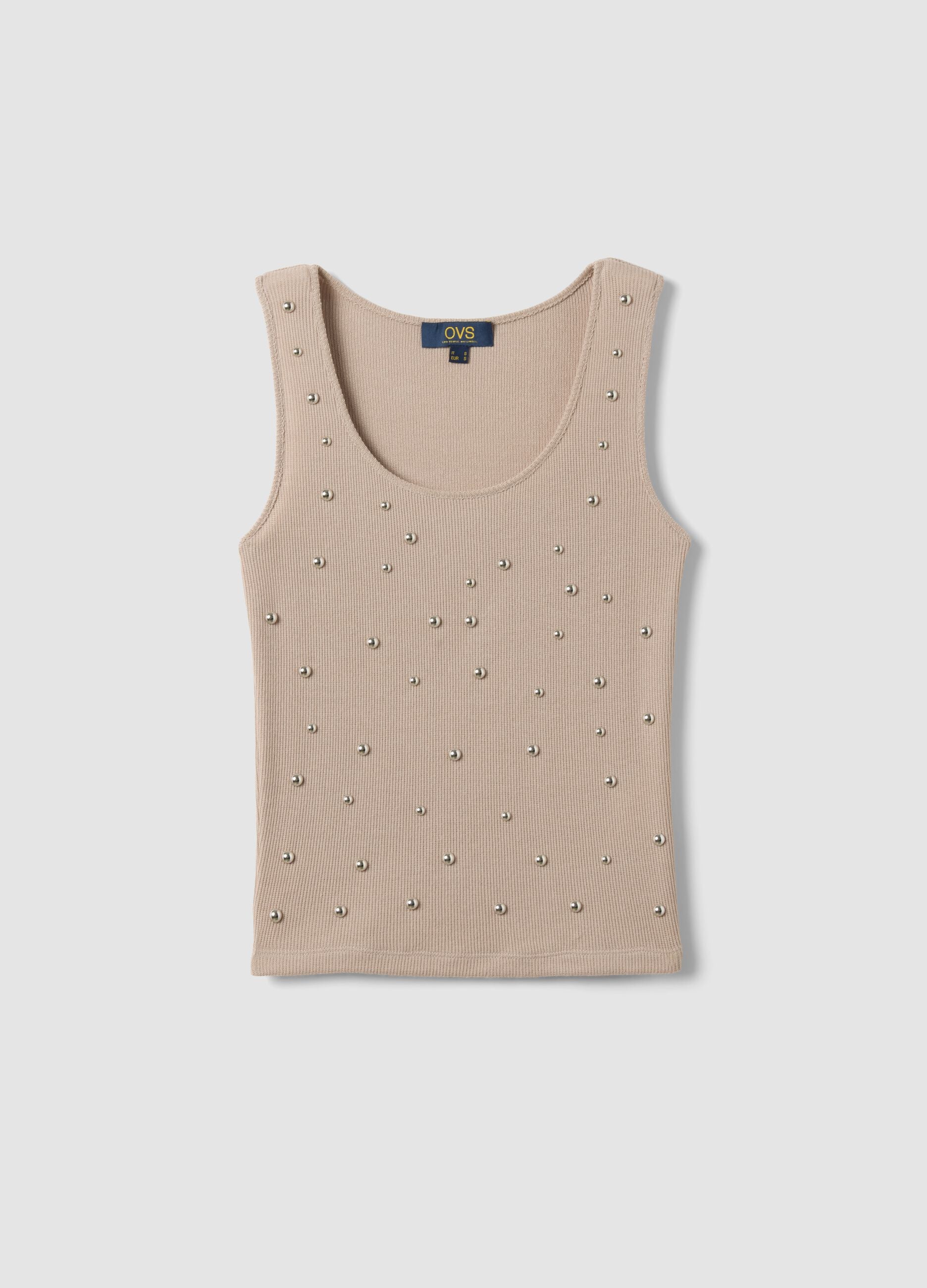 Beige regular fit tank top with metallic appliqu&eacute;s