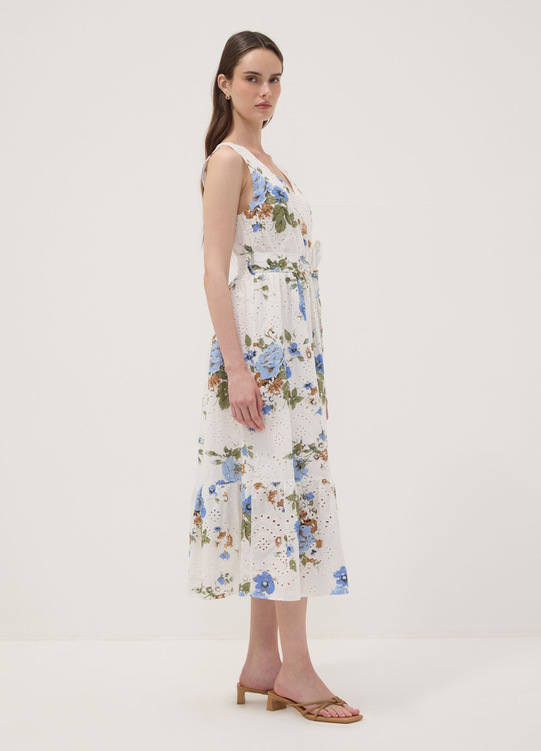 White pure cotton dress with floral print, regular fit