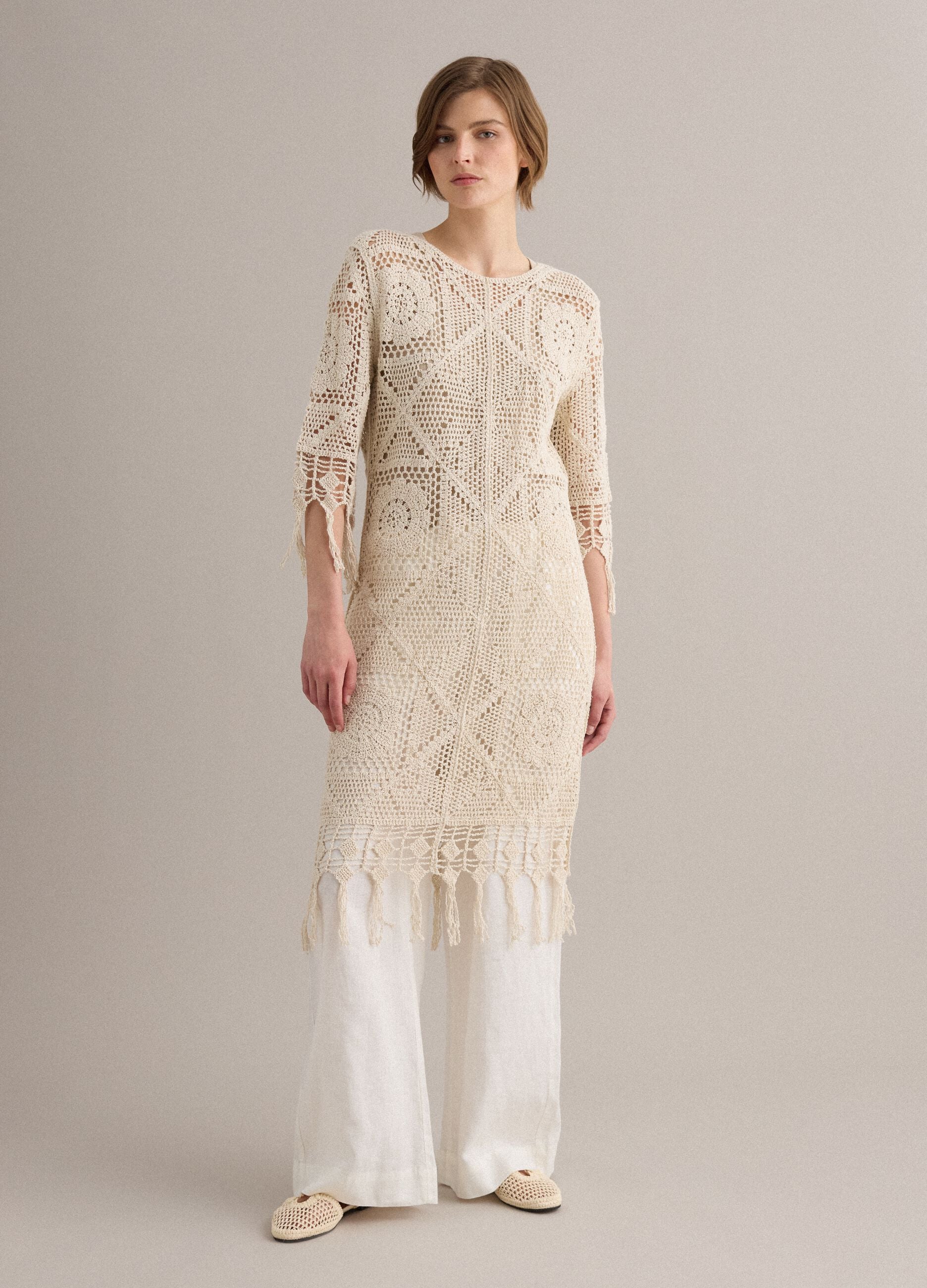 Beige crochet dress in cotton-viscose blend, regular fit