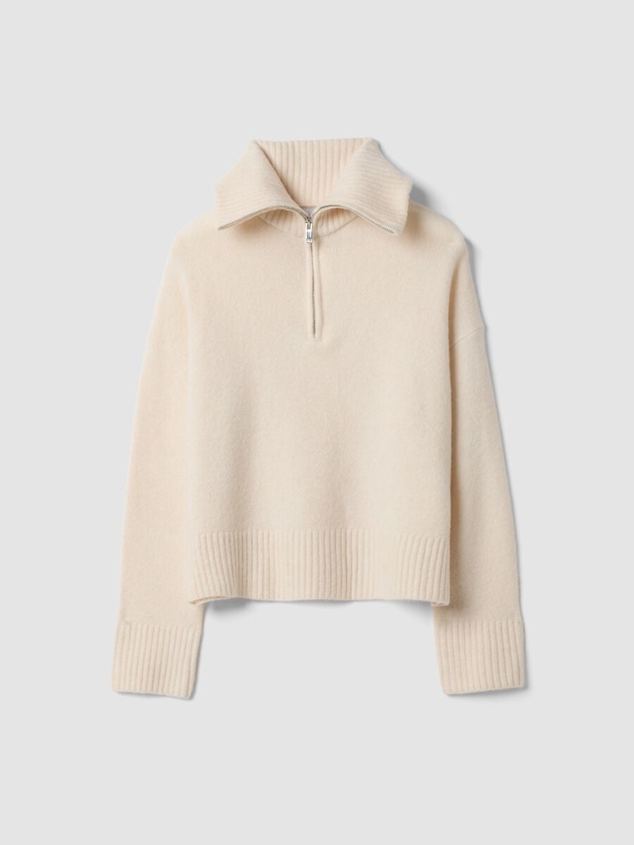 Maglia beige in lana elasticizzato Half zip_0