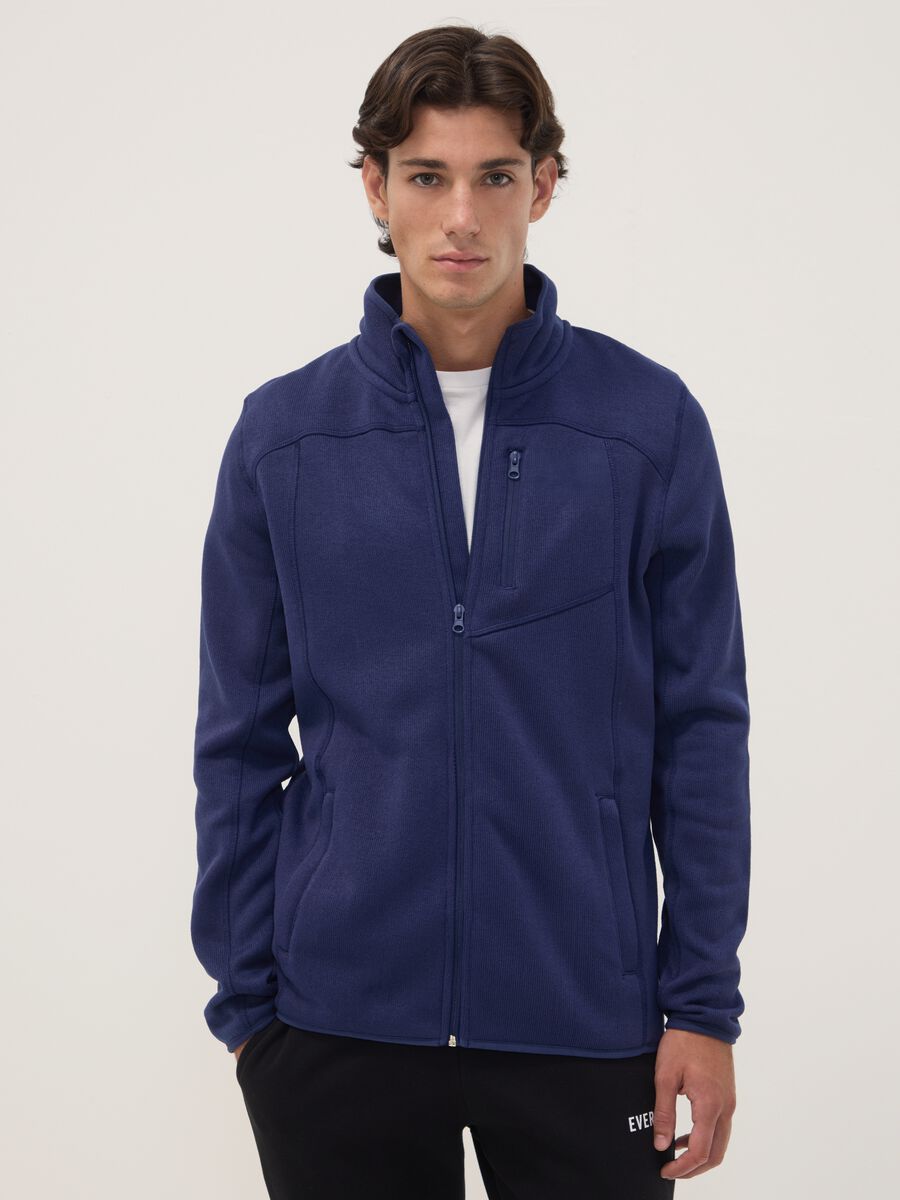 Blue full-zip sweatshirt with high neck and logo_0