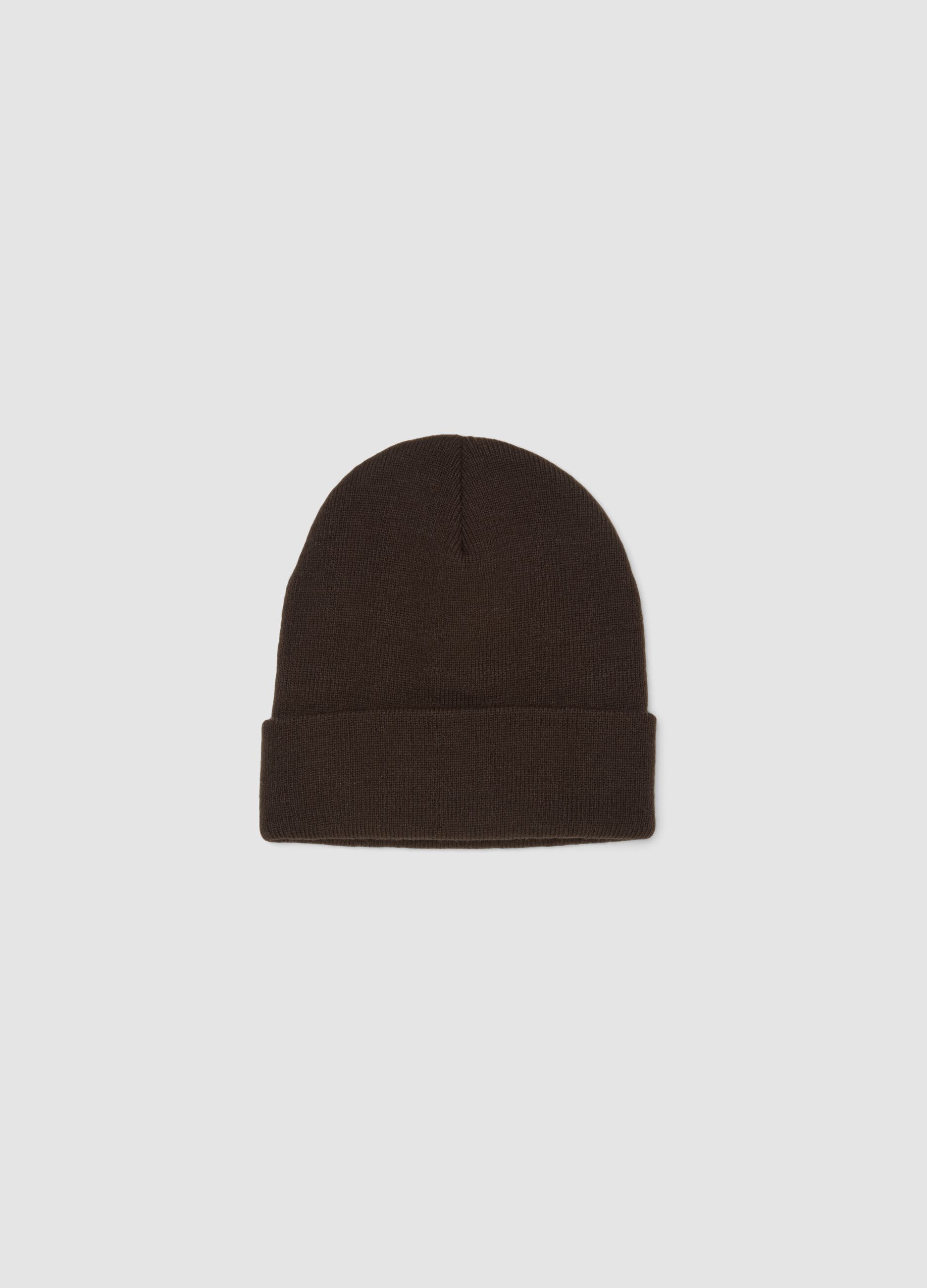 Brown jersey knit beanie with turn-up cuff