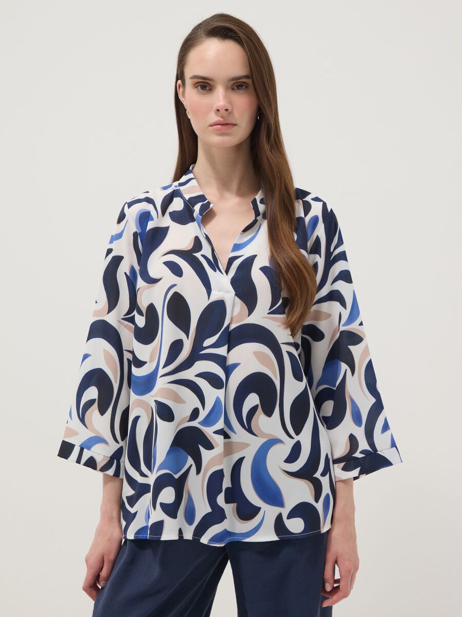 Multicolour patterned long-sleeve V-neck blouse_0