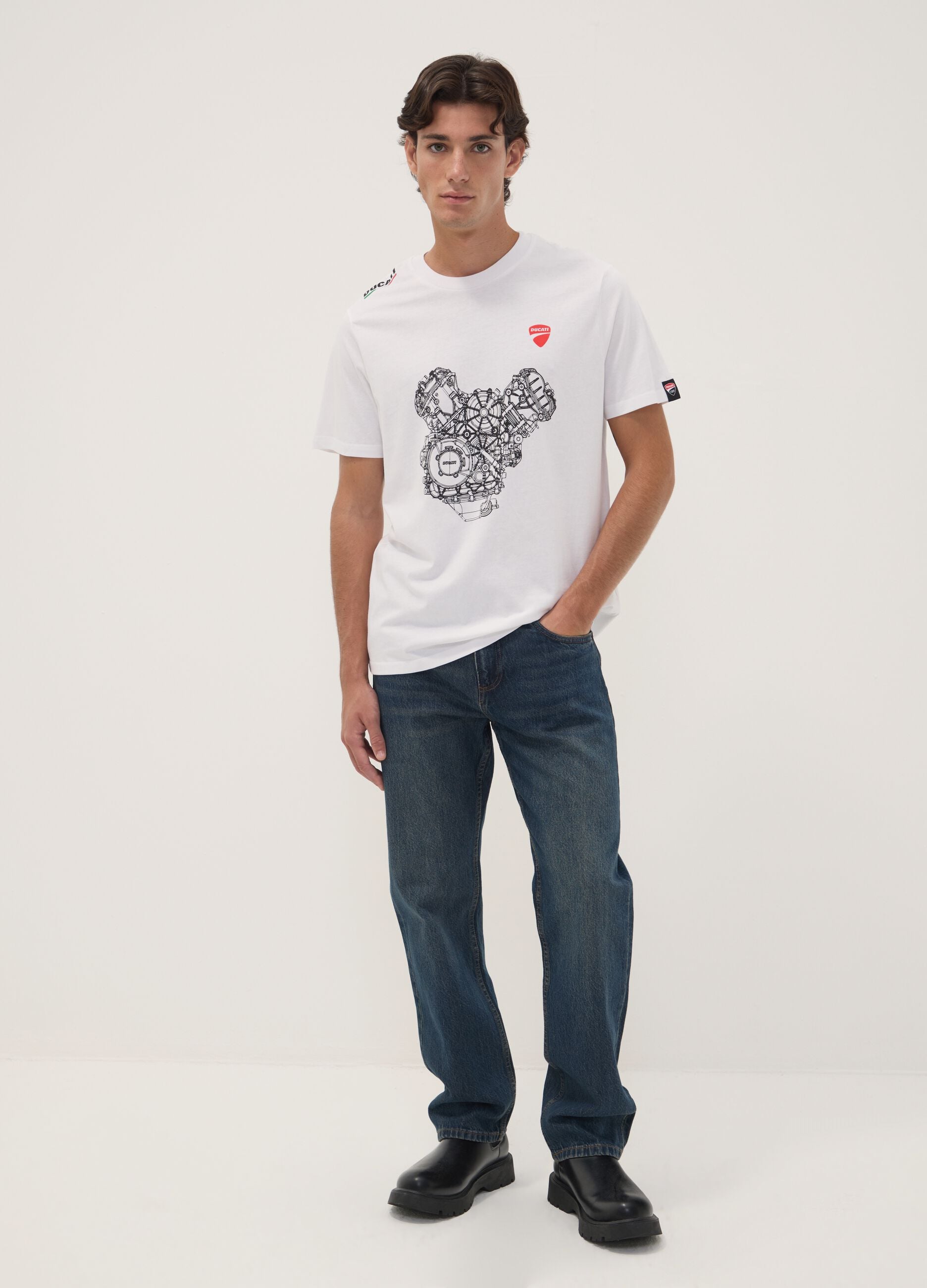White pure cotton crew-neck T-shirt with Ducati print, regular fit