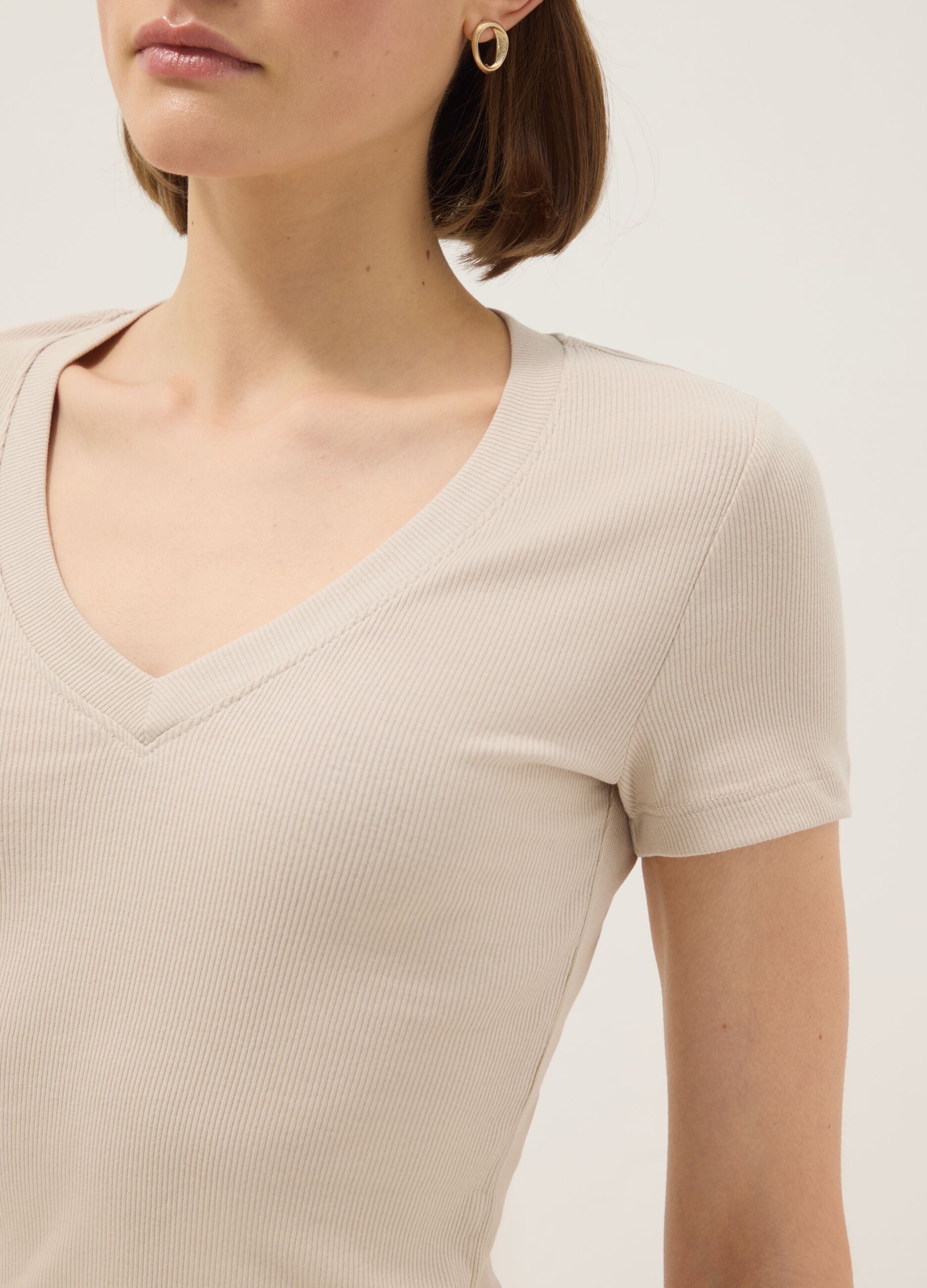 Beige Stretch Cotton Regular Fit T-shirt Deep V