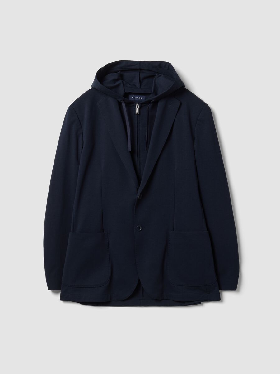 Navy stretch-cotton blazer with hood and classic lapels_0