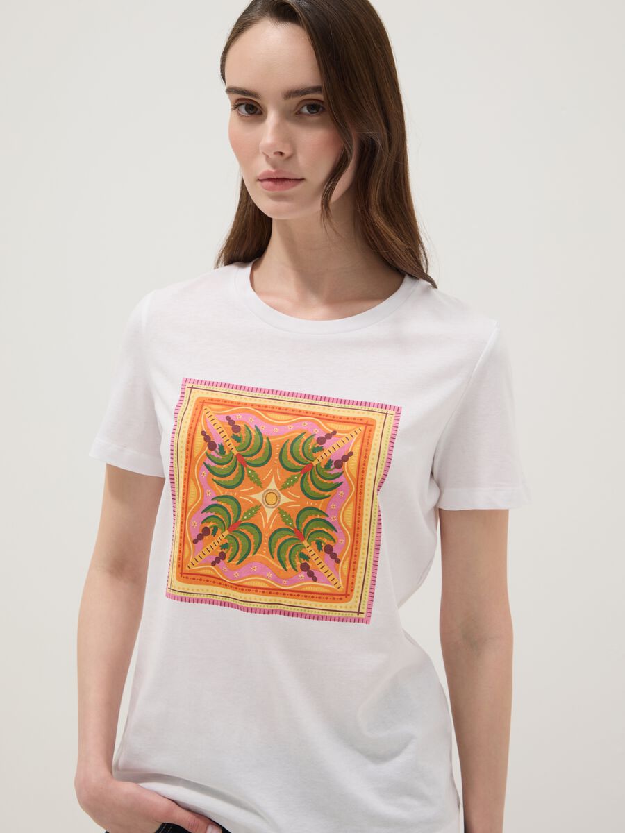 White pure cotton T-shirt with front print_1