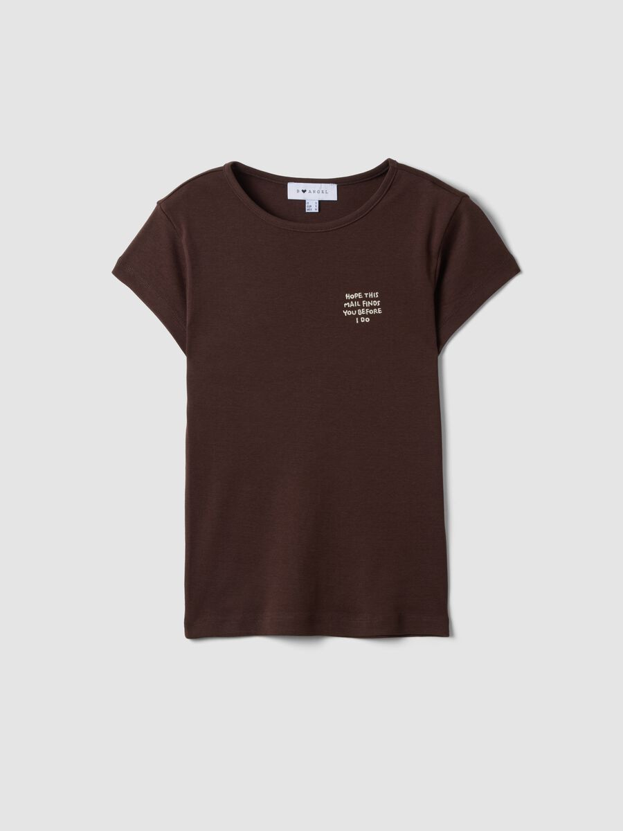Brown pure cotton crew-neck T-shirt with slogan_4