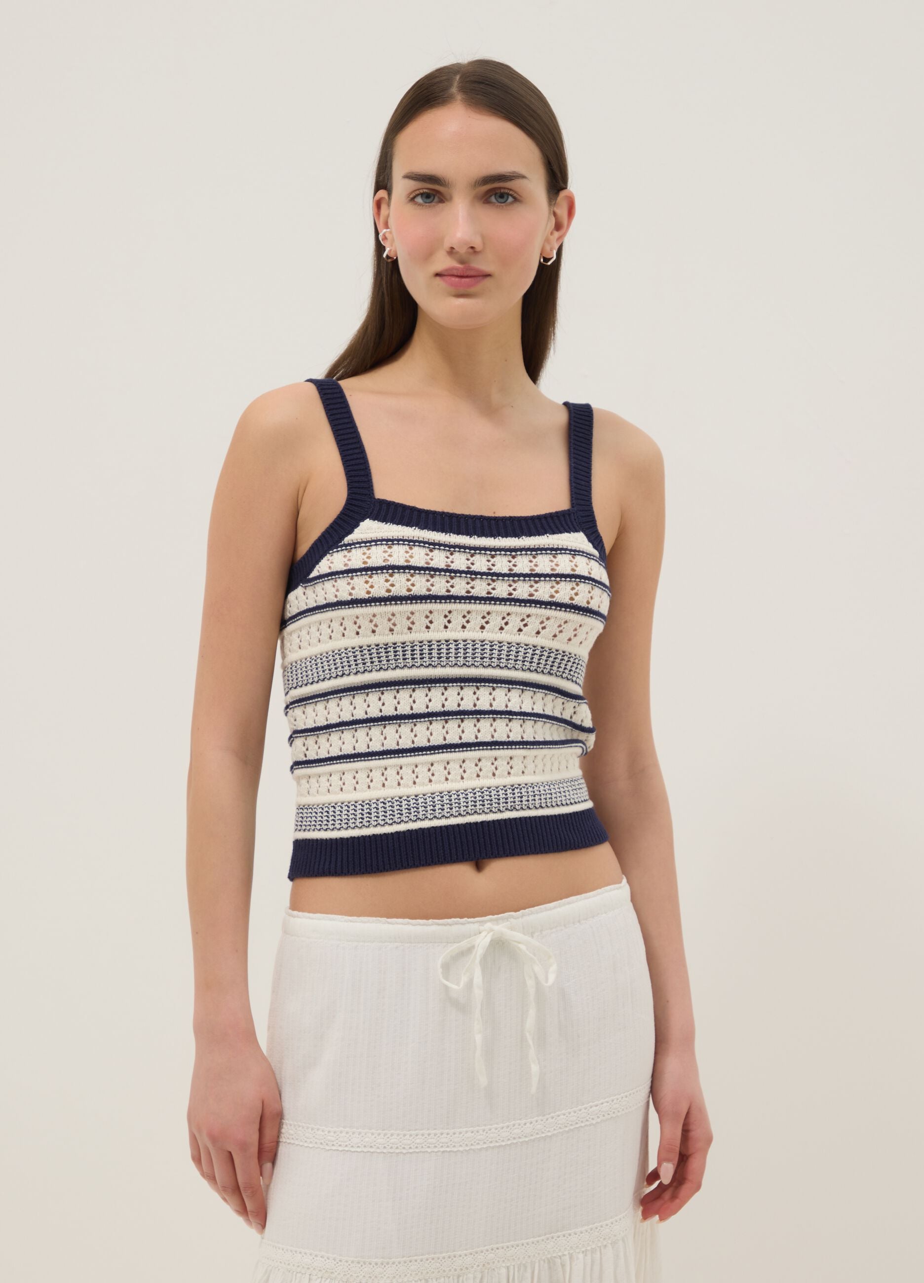 Fitted pure cotton multicolour striped vest with thin straps