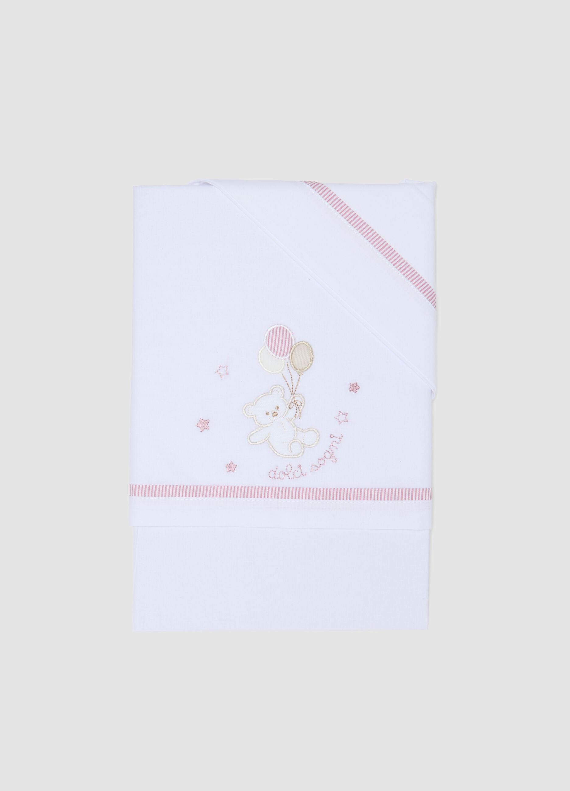 White pure cotton baby girl sheet with teddy bear embroidery
