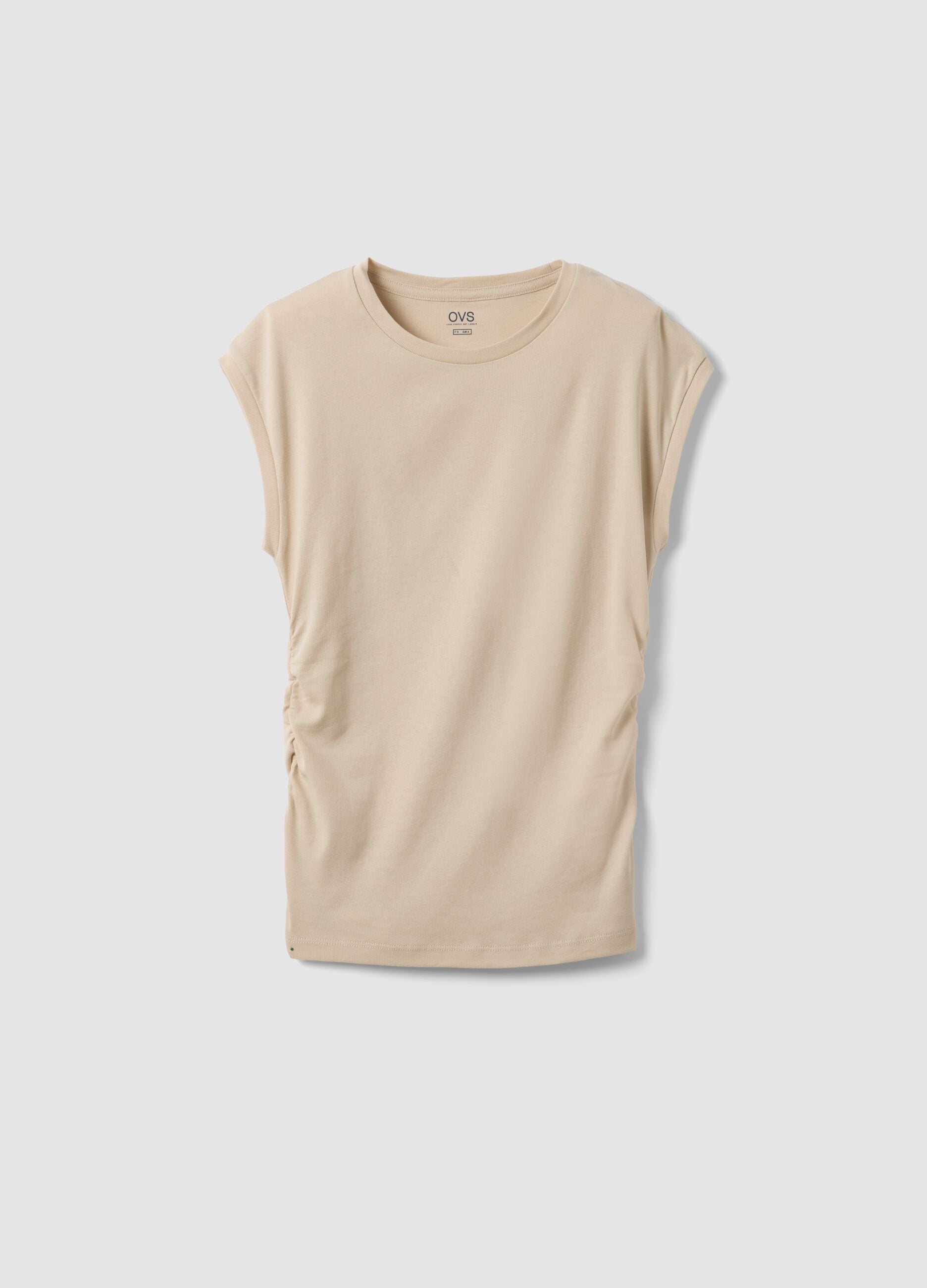 Beige pure cotton tank top with side ruching, regular fit