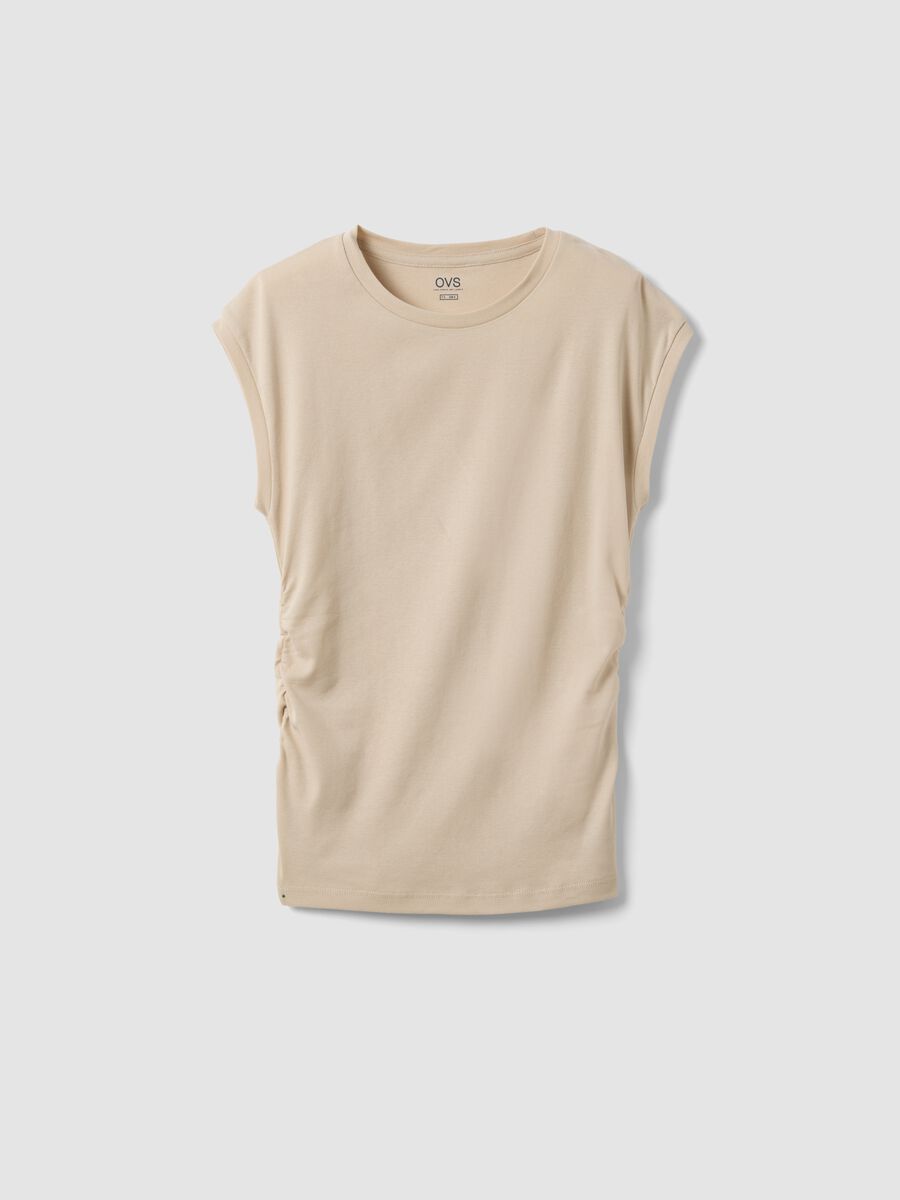 Beige pure cotton tank top with side ruching, regular fit_4