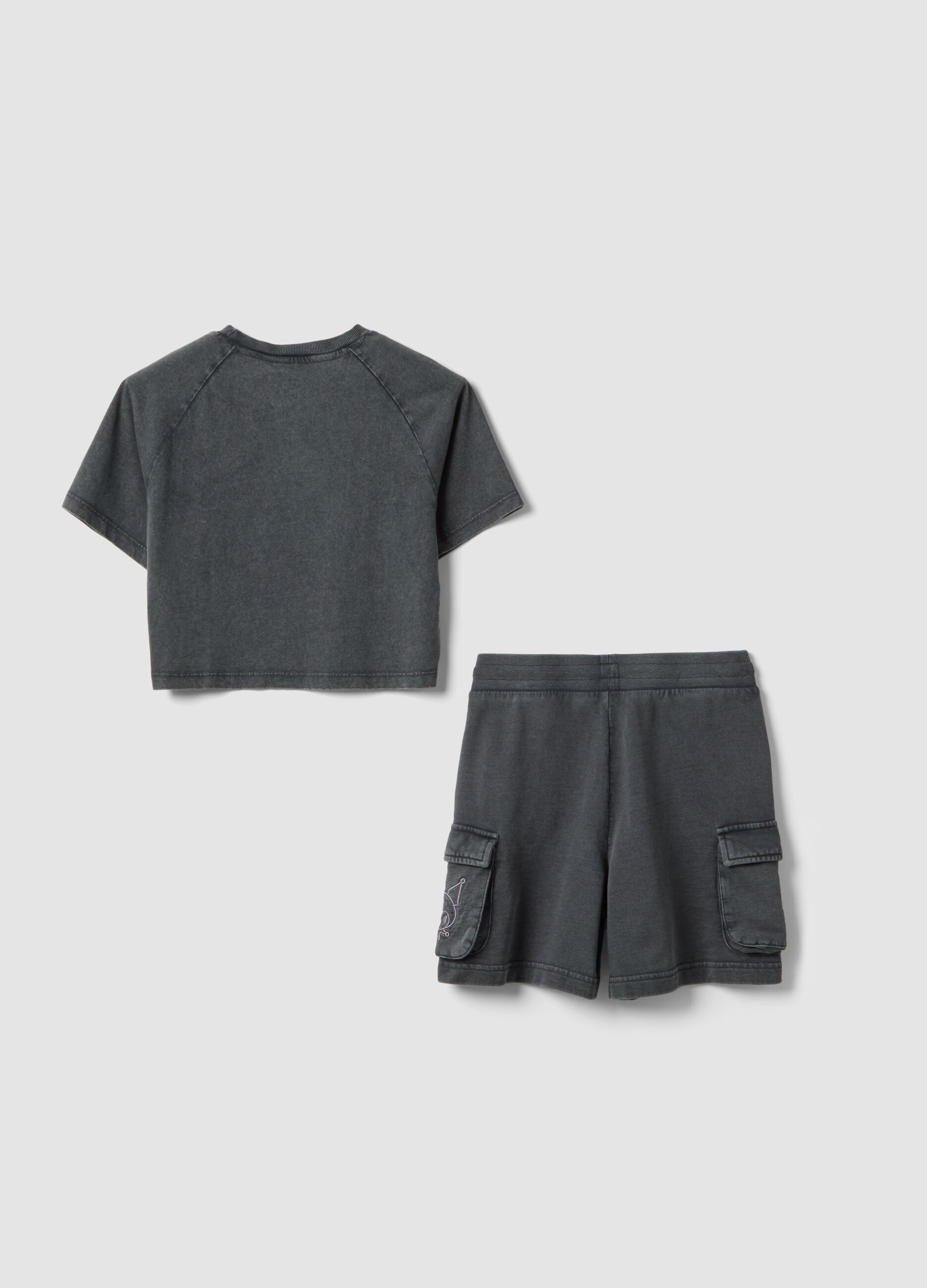 Grey cotton relaxed shirt and shorts set for girls featuring Kuromi