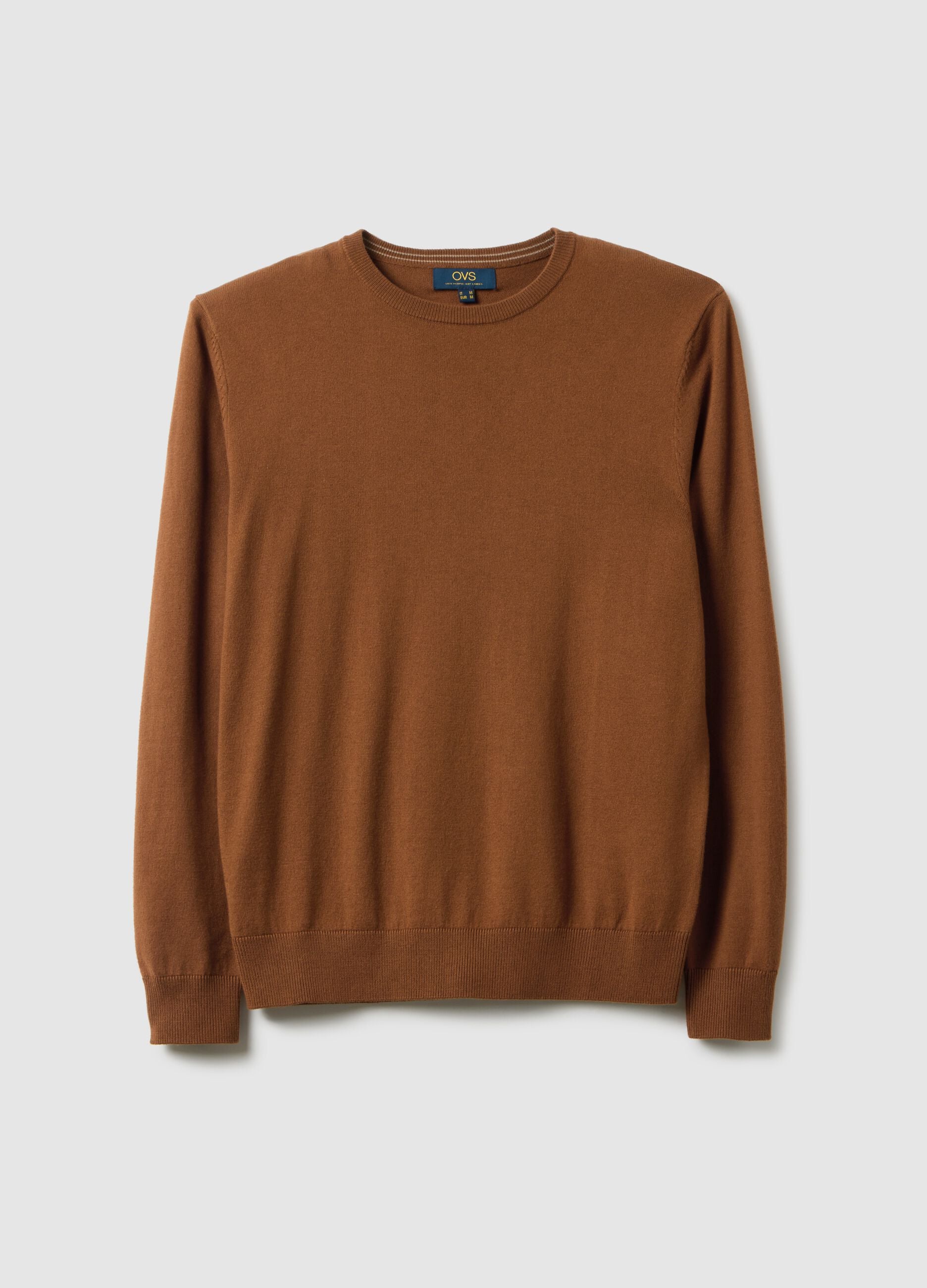 Brown crew neck pullover in regular fit cotton blend