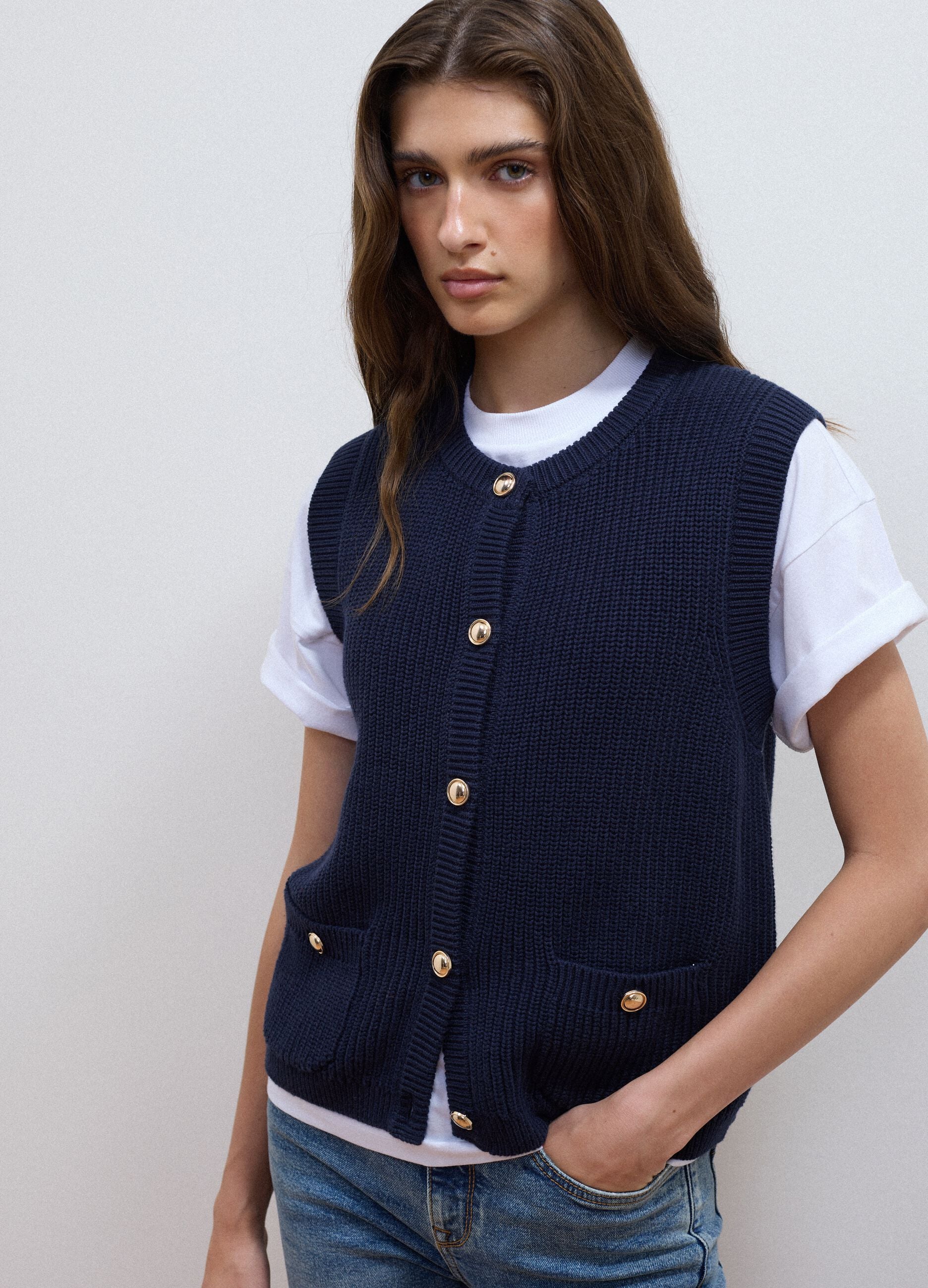 Blue pure-cotton knitted gilet in a regular fit