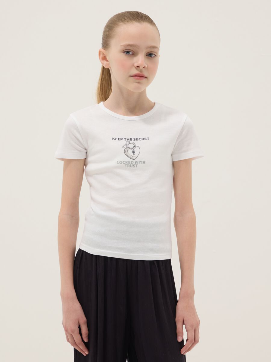 Girls&rsquo; white pure cotton slim-fit T-shirt with print_0