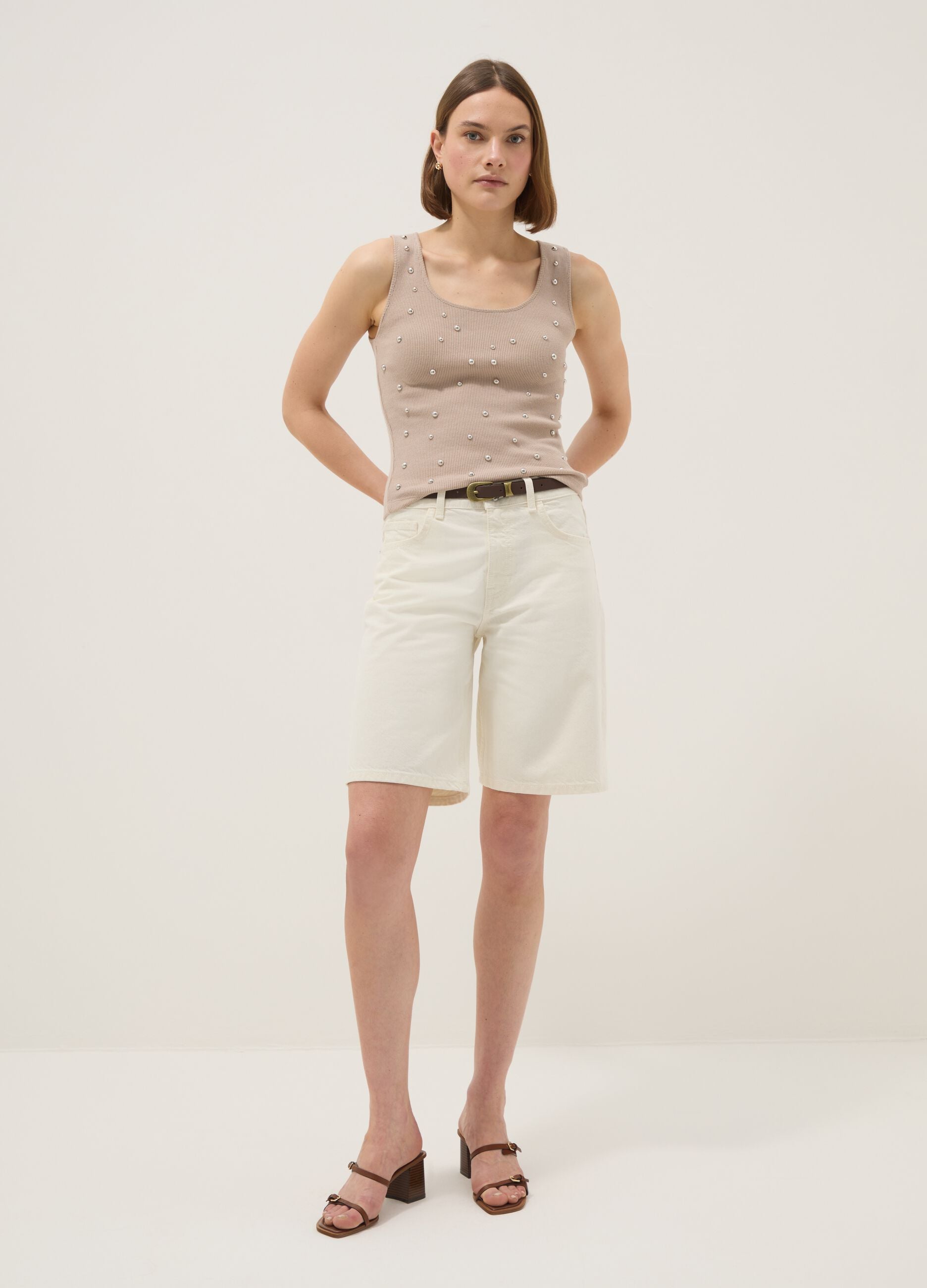 Beige regular fit tank top with metallic appliqu&eacute;s