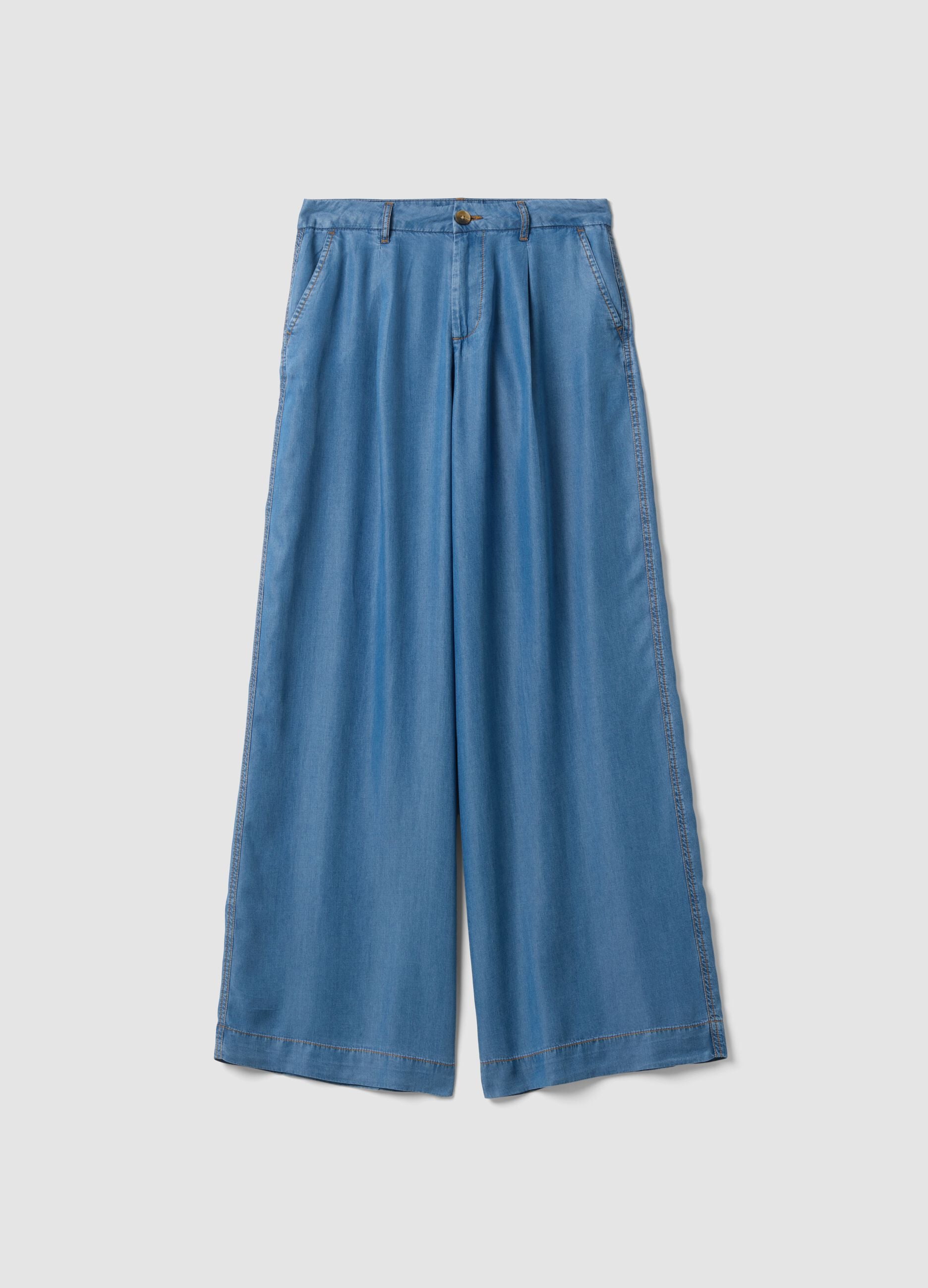 Light blue wide-leg denim trousers in pure lyocell