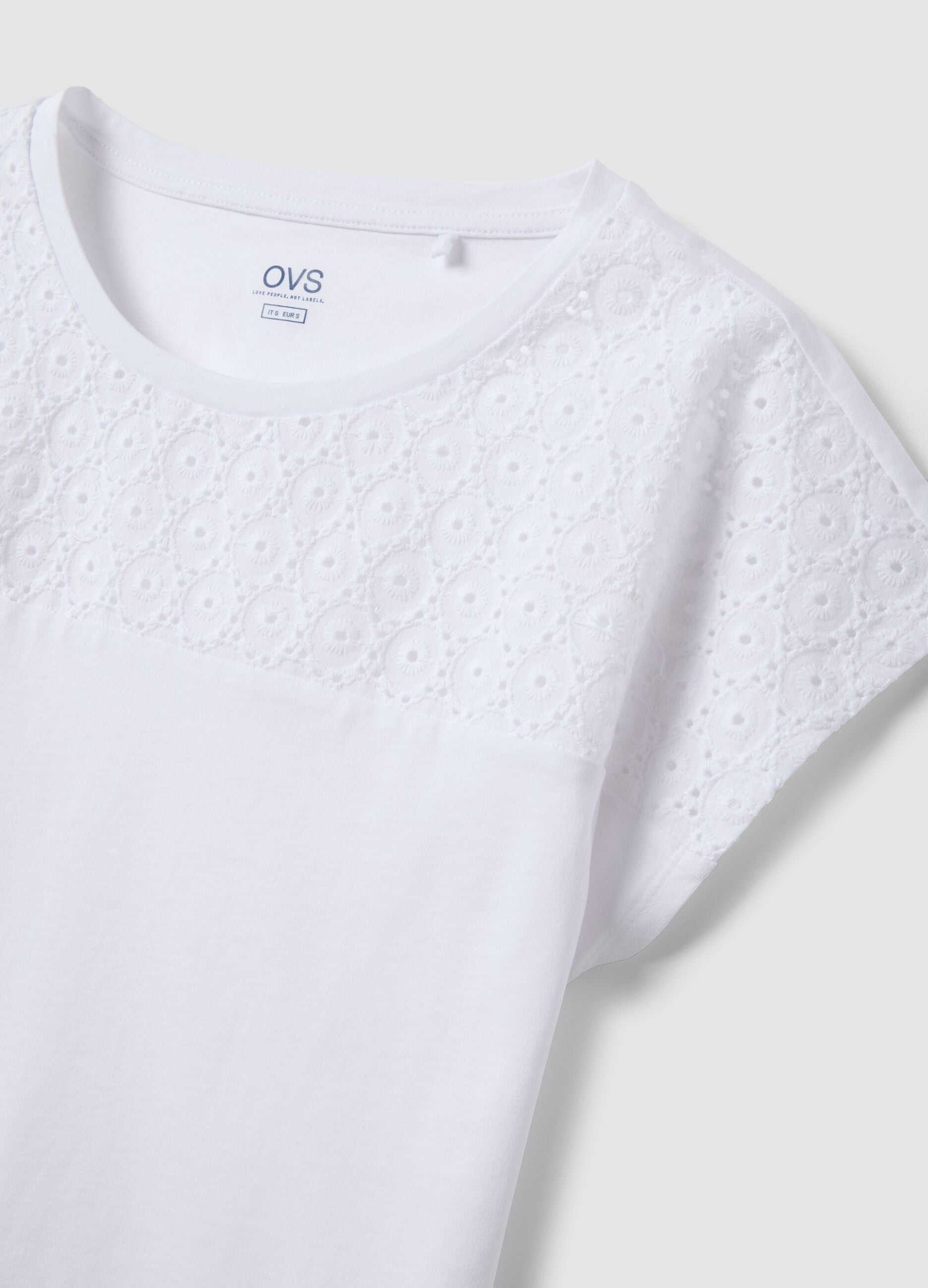 White pure cotton T-shirt with broderie anglaise detail, regular fit