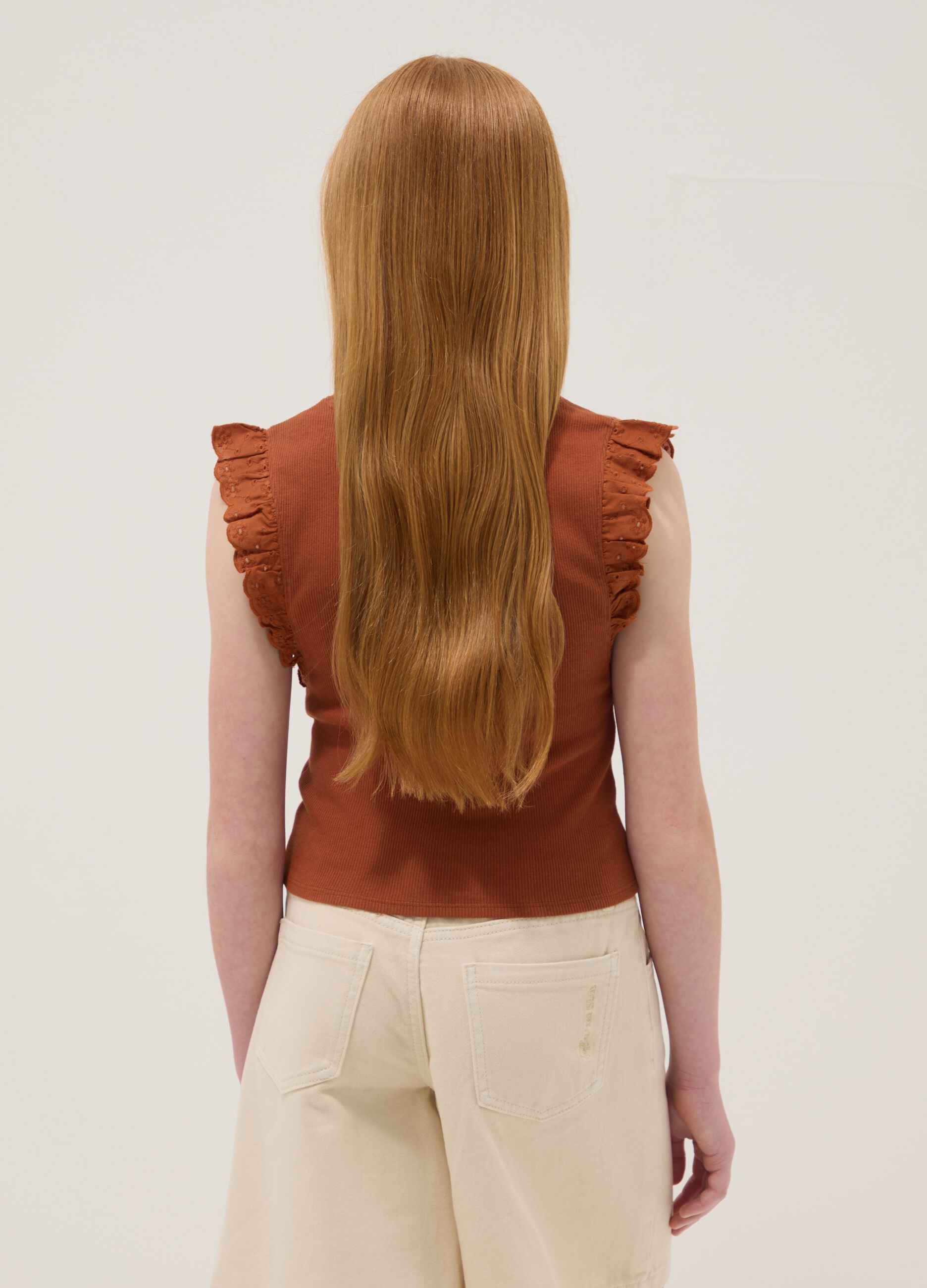 Brown stretch cotton T-shirt with ruffles