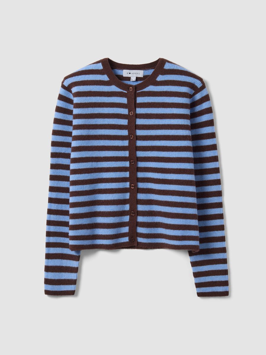 Light blue crew-neck striped cardigan in lyocell-wool blend, oversized fit_0