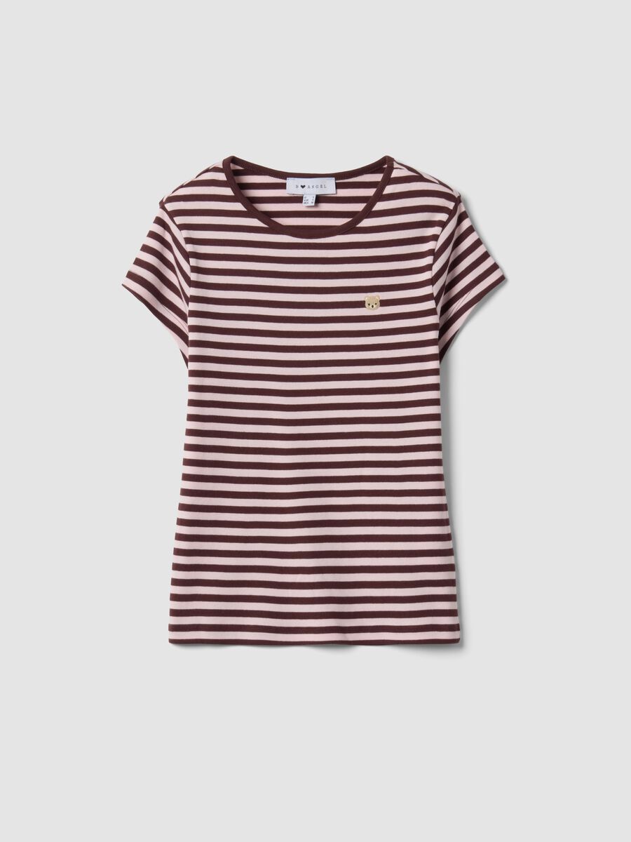 T-shirt marrone in puro cotone a girocollo con righe_0