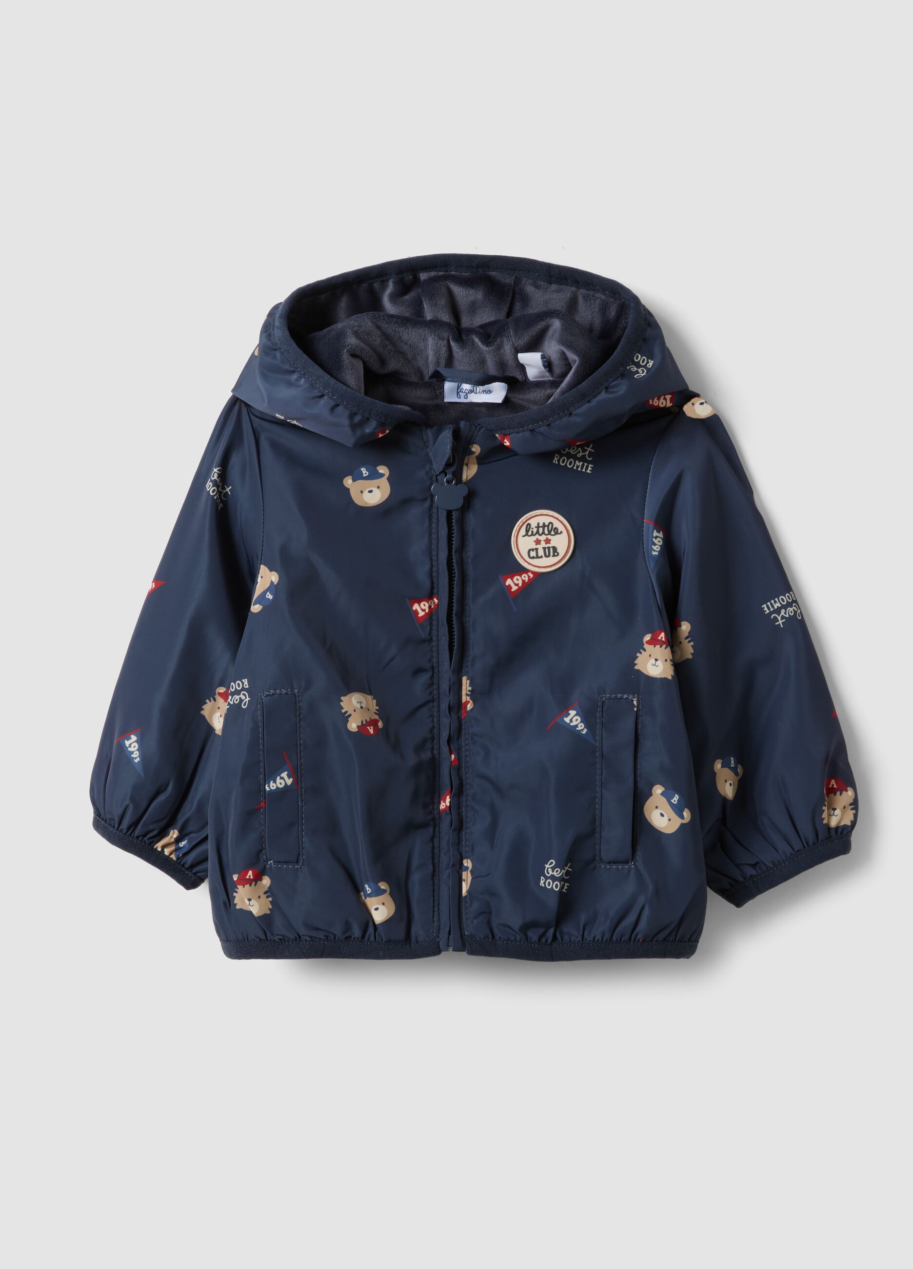 Blue baby hoodie jacket with zip and teddy bear print